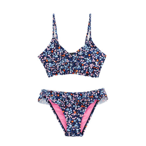 WE Fashion crop bikini met ruches donkerblauw/roze