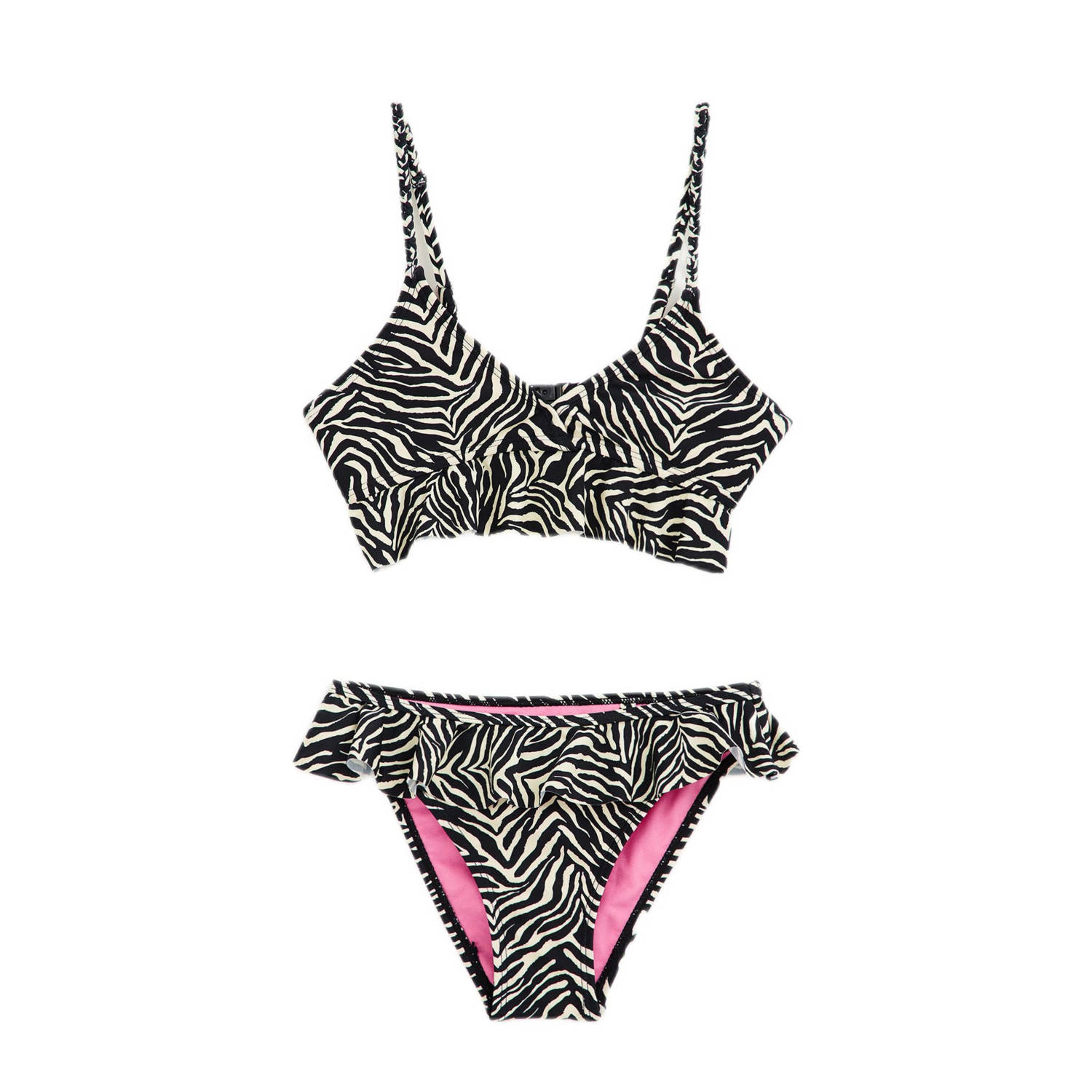 WE Fashion crop bikini met ruches zwart wit Meisjes Polyamide 134 140