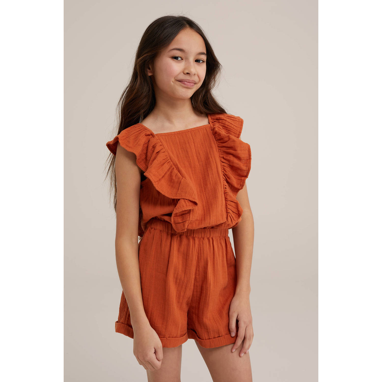 WE Fashion playsuit met ruches warmbruin