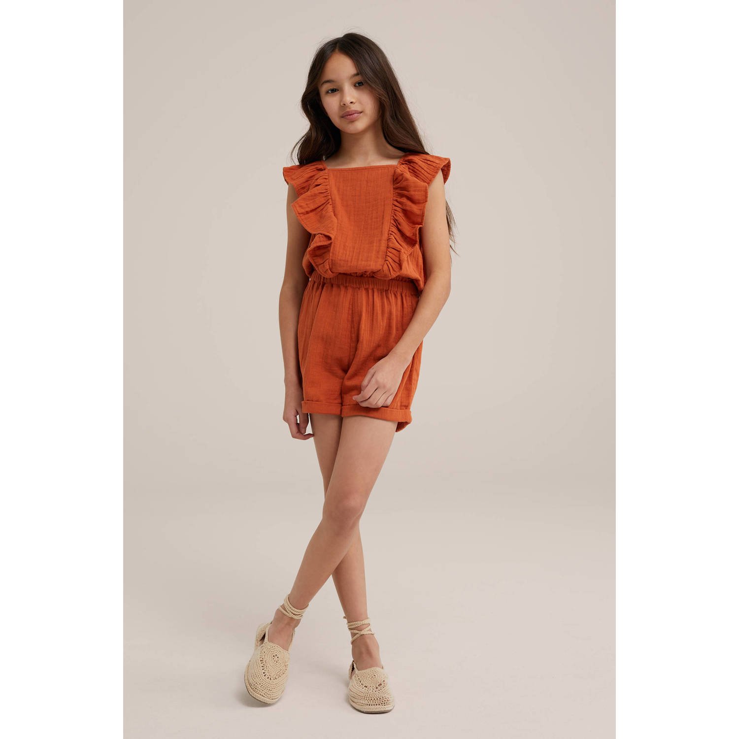 WE Fashion jumpsuit met ruches bombay brown