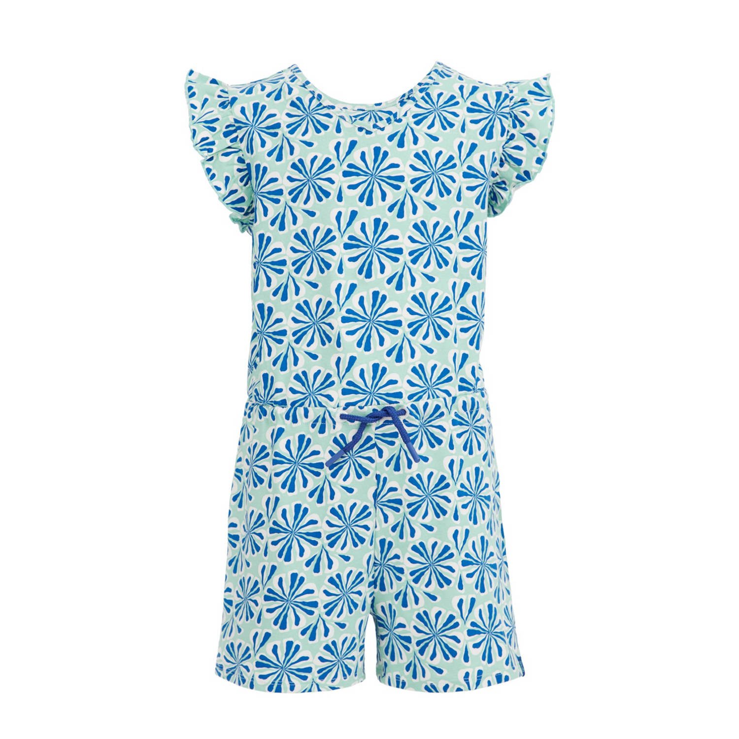 WE Fashion jumpsuit met all over print blauw Meisjes Stretchkatoen Ronde hals 110 116