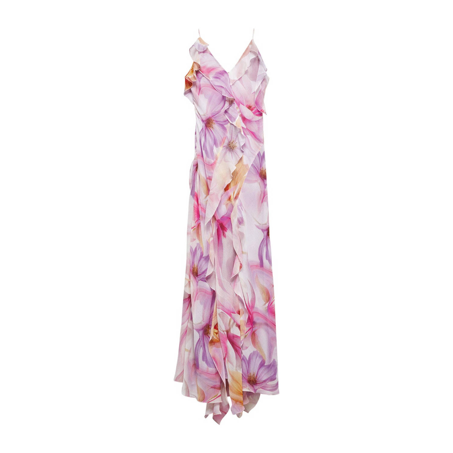 Mango gebloemde maxi jurk met open rug paars roze ecru
