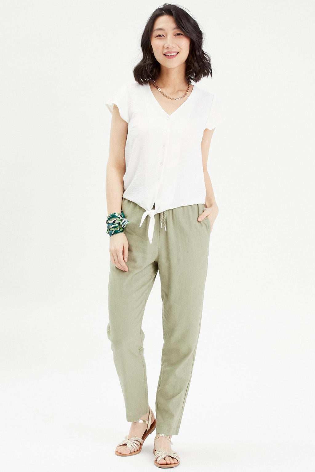 Ecru dames Cache Cache blouse van polyester met effen, korte mouwen, V-hals, knoopsluiting en knoopdetail
