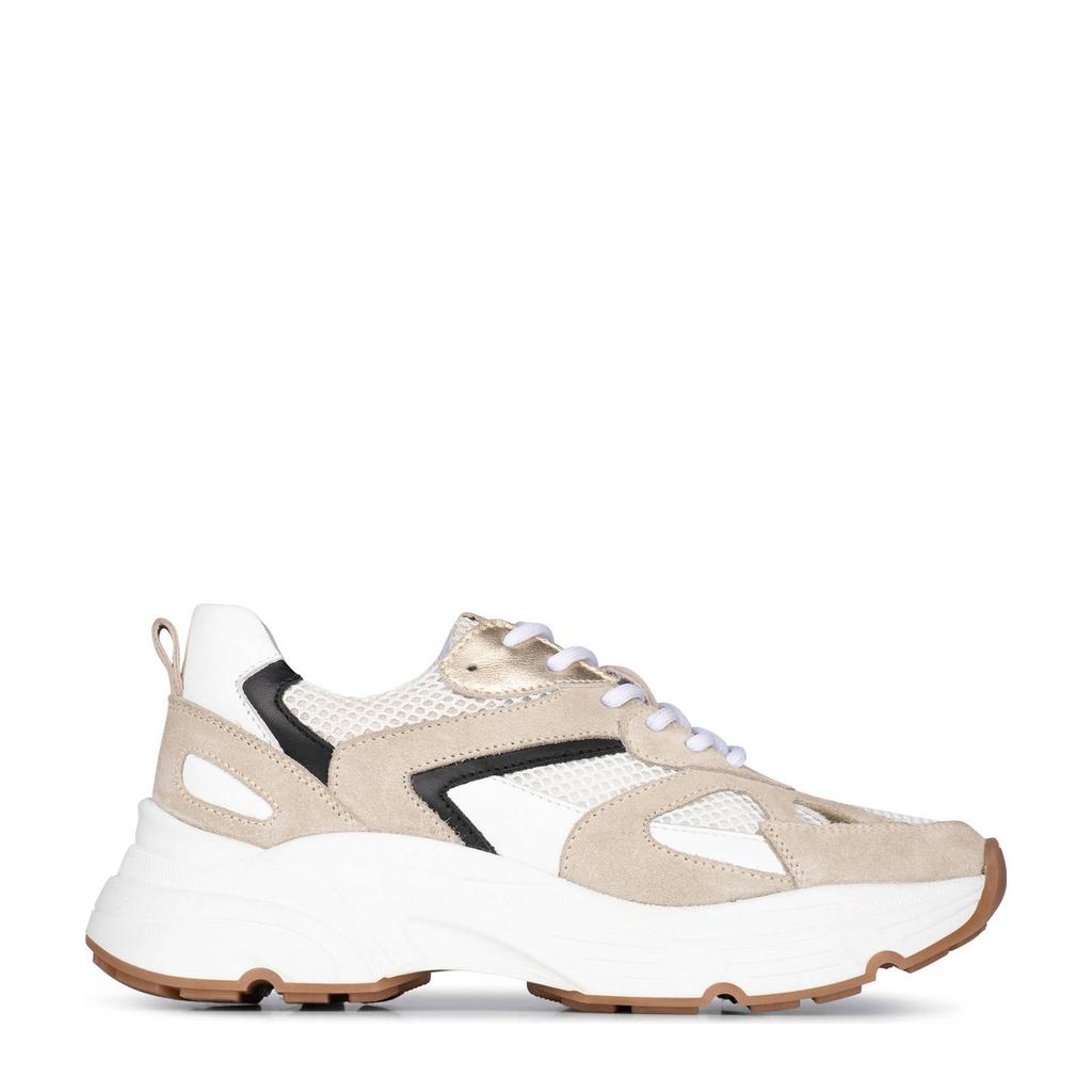 Beige en witte dames Poelman Tokio chunky leren sneakers met veters
