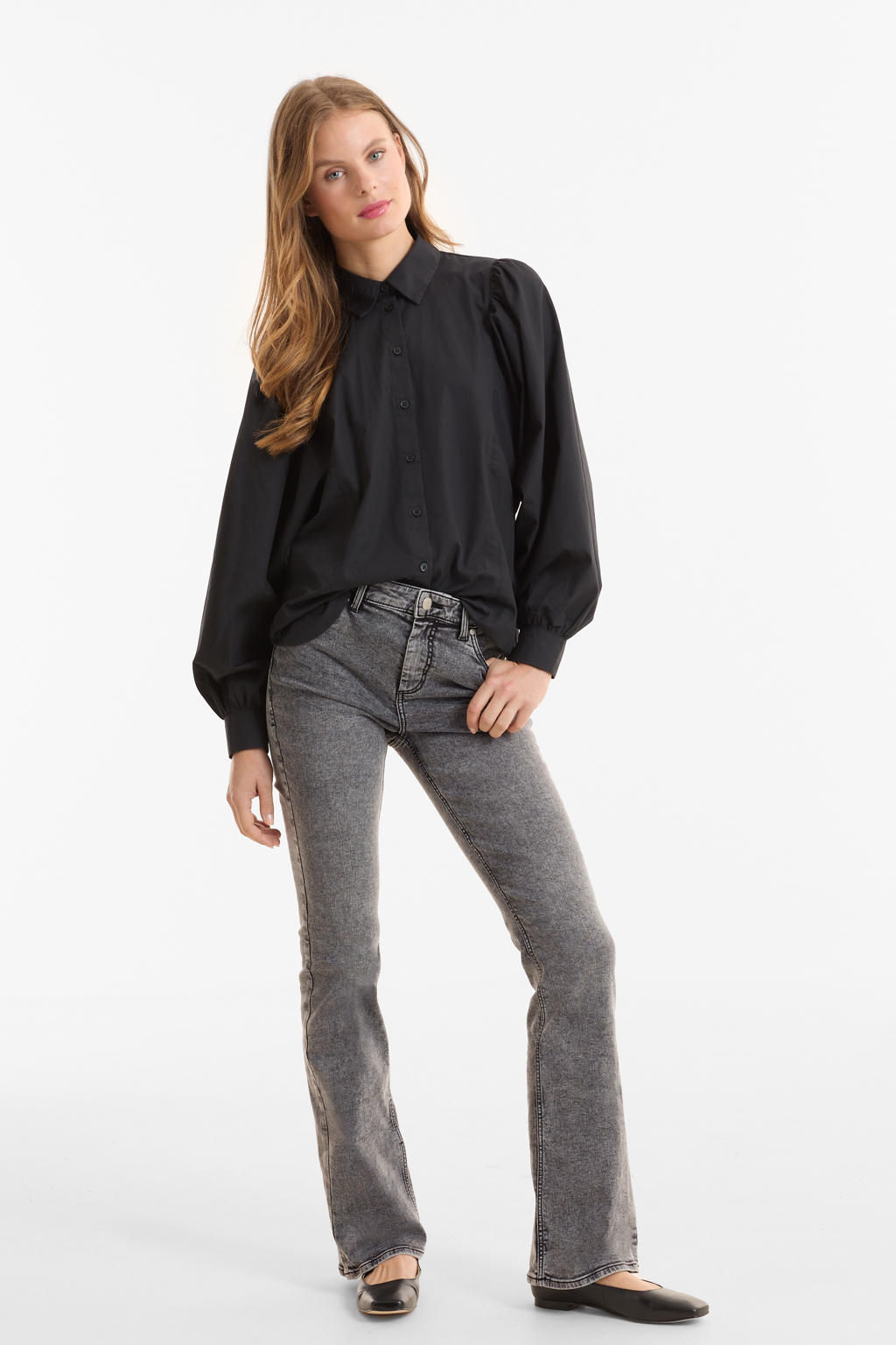 Grey denim dames anytime high waist flared jeans van denim met rits- en knoopsluiting en effen