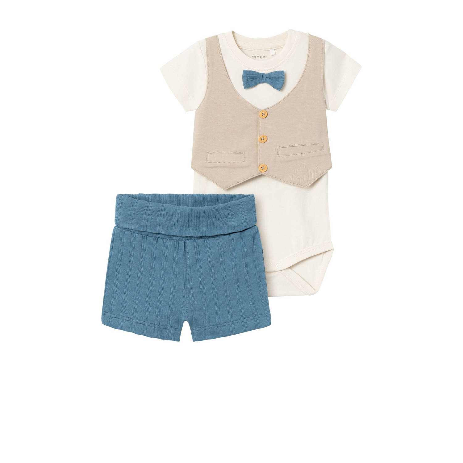 Name it BABY romper + gilet + short ecru blauw Shirt + broek Jongens Katoen Ronde hals 68