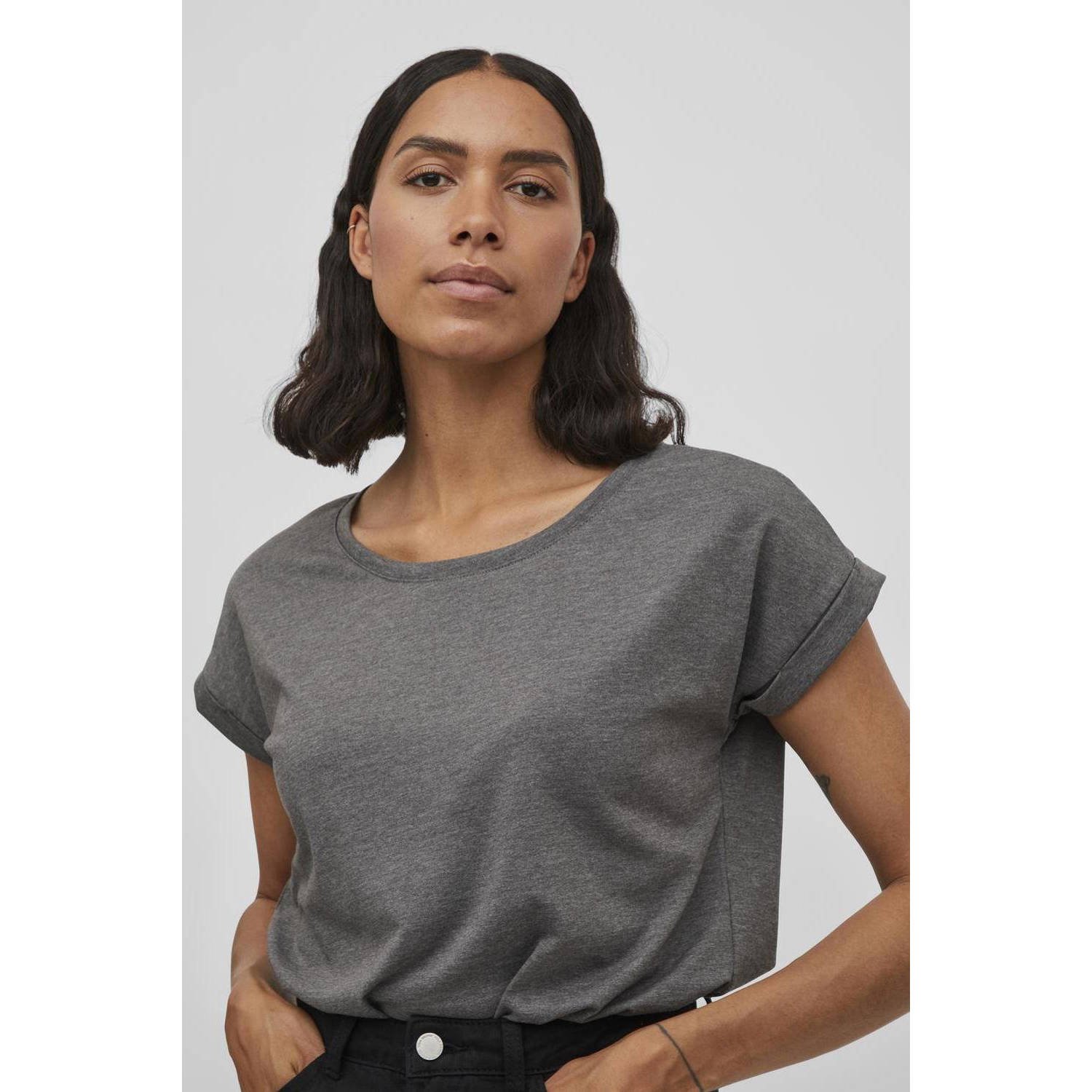 Vila Shirt met ronde hals VIDREAMERS NEW PURE T-SHIRT SU-NOOS Basic dames T-shirt met ronde hals en omgeslagen mouwen