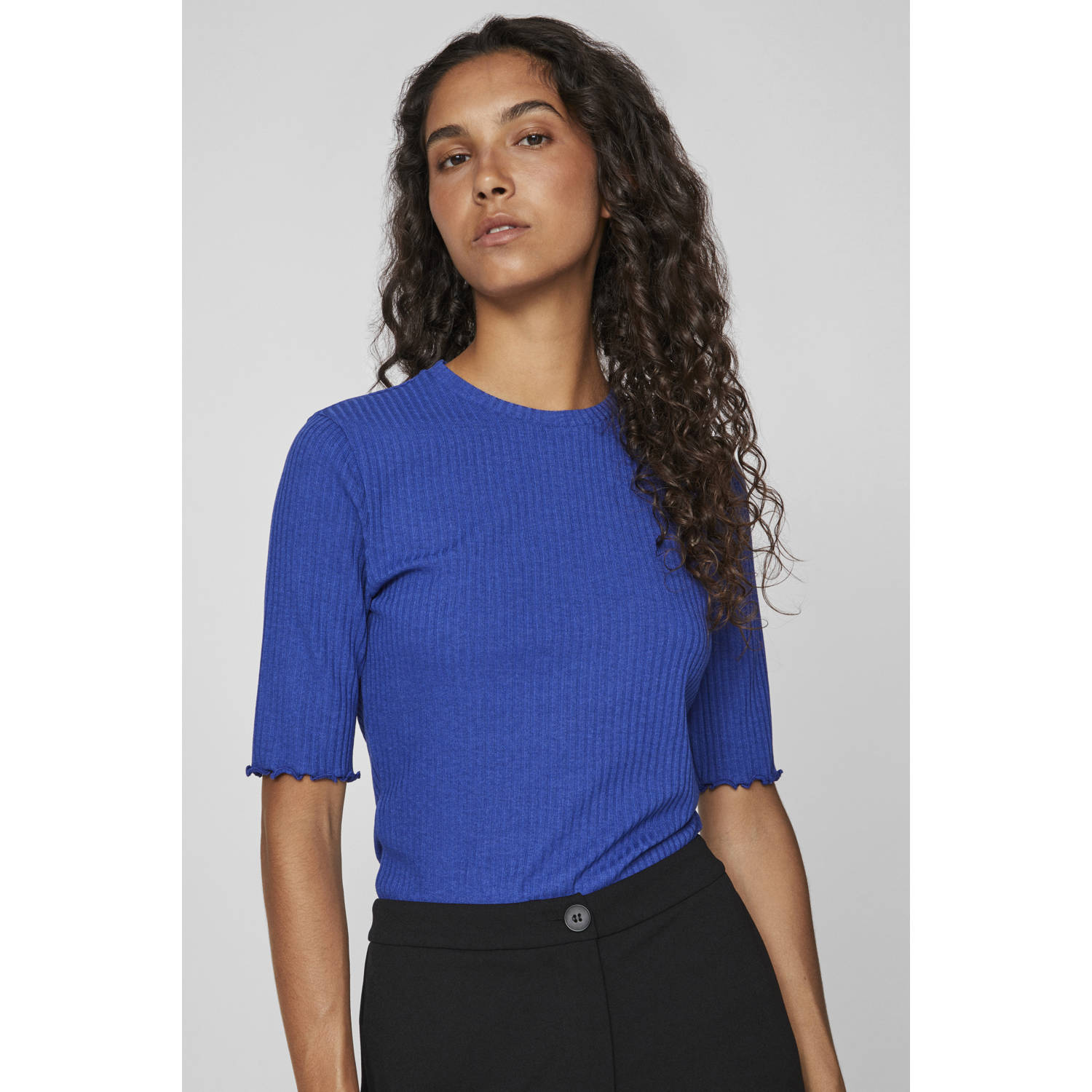 VILA ribgebreide top blauw