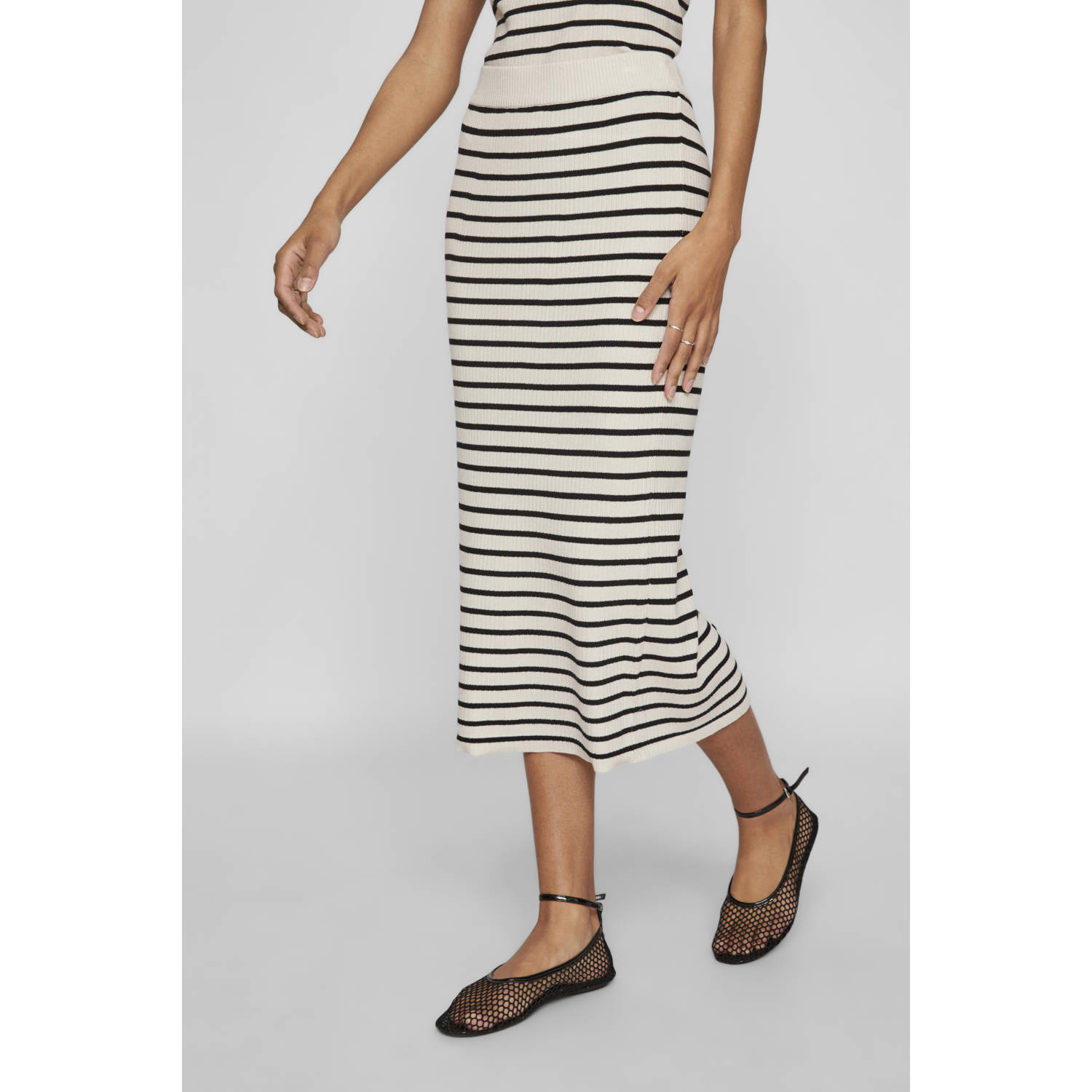 VILA gestreepte gebreide midi rok VIZICHA beige zwart