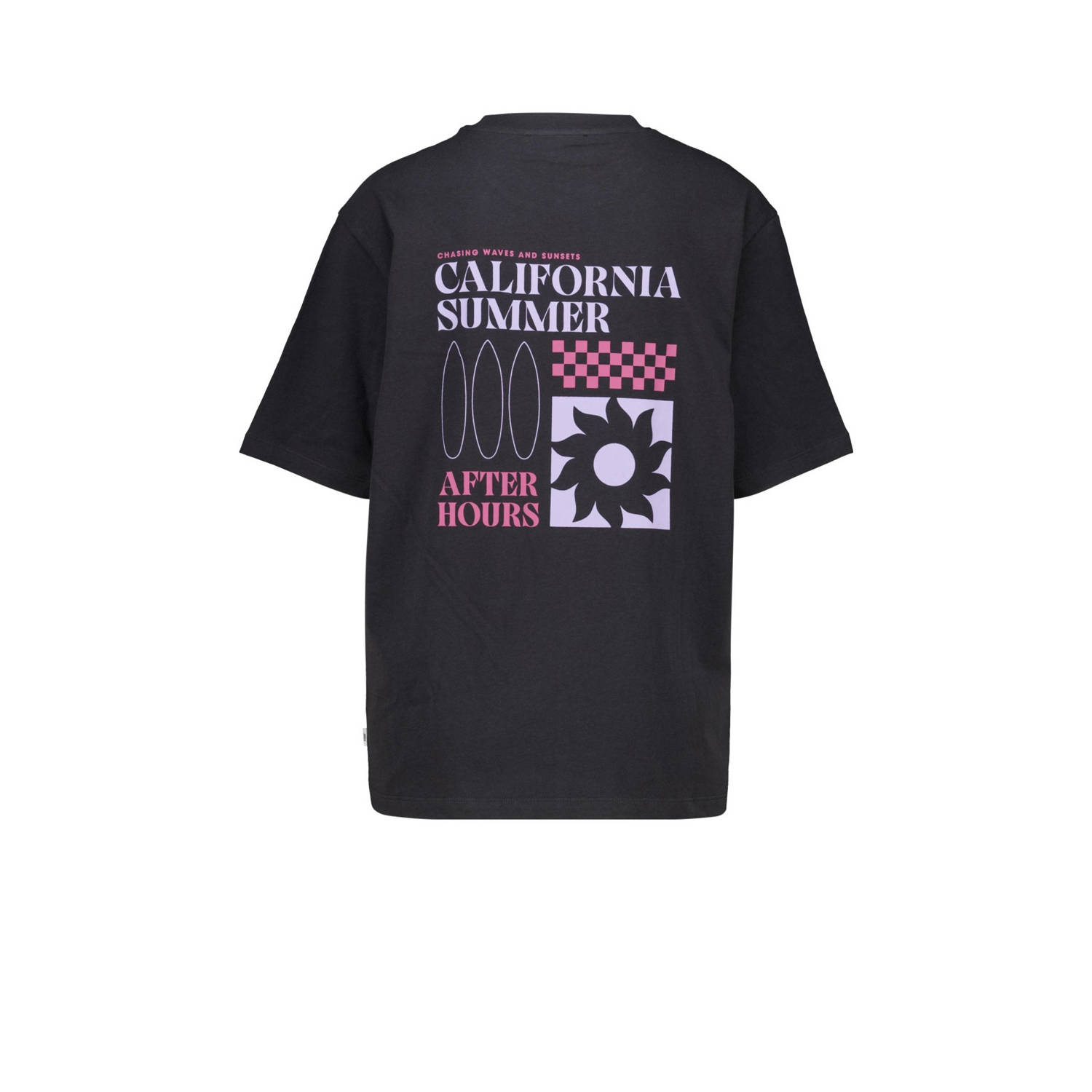 America Today T-shirt met backprint zwart roze paars