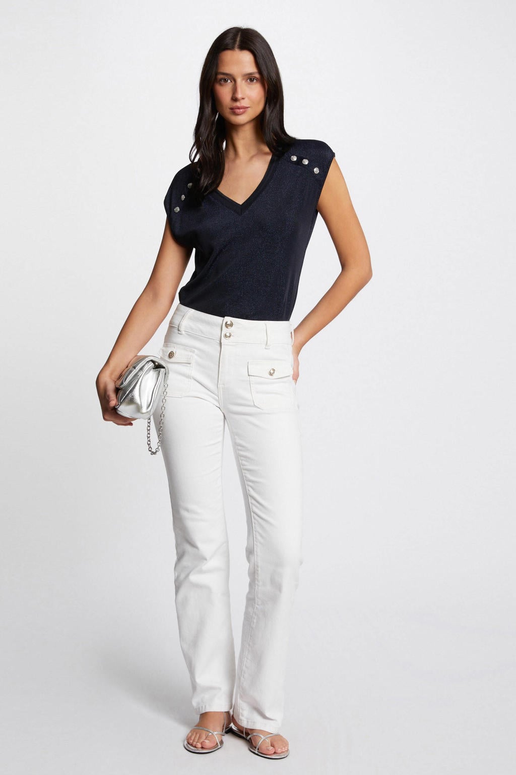 Marineblauwe dames Morgan top van polyamide met effen, kapmouwtjes, V-hals en lurex