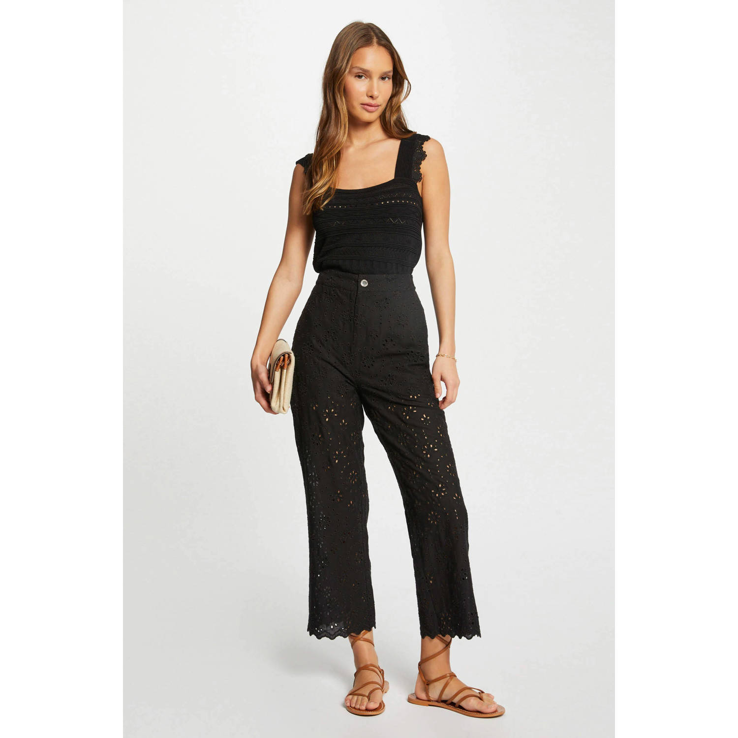 Morgan cropped high waist straight fit broek zwart