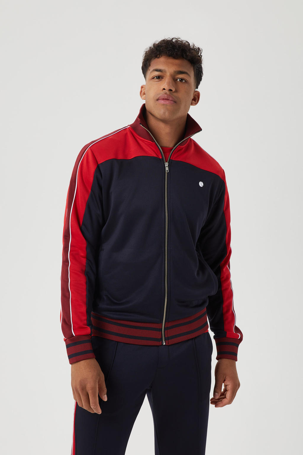 Donkerblauw en rode heren Björn Borg trainingsjack Ace Retro van polyester met meerkleurige print, lange mouwen, opstaande kraag en ritssluiting