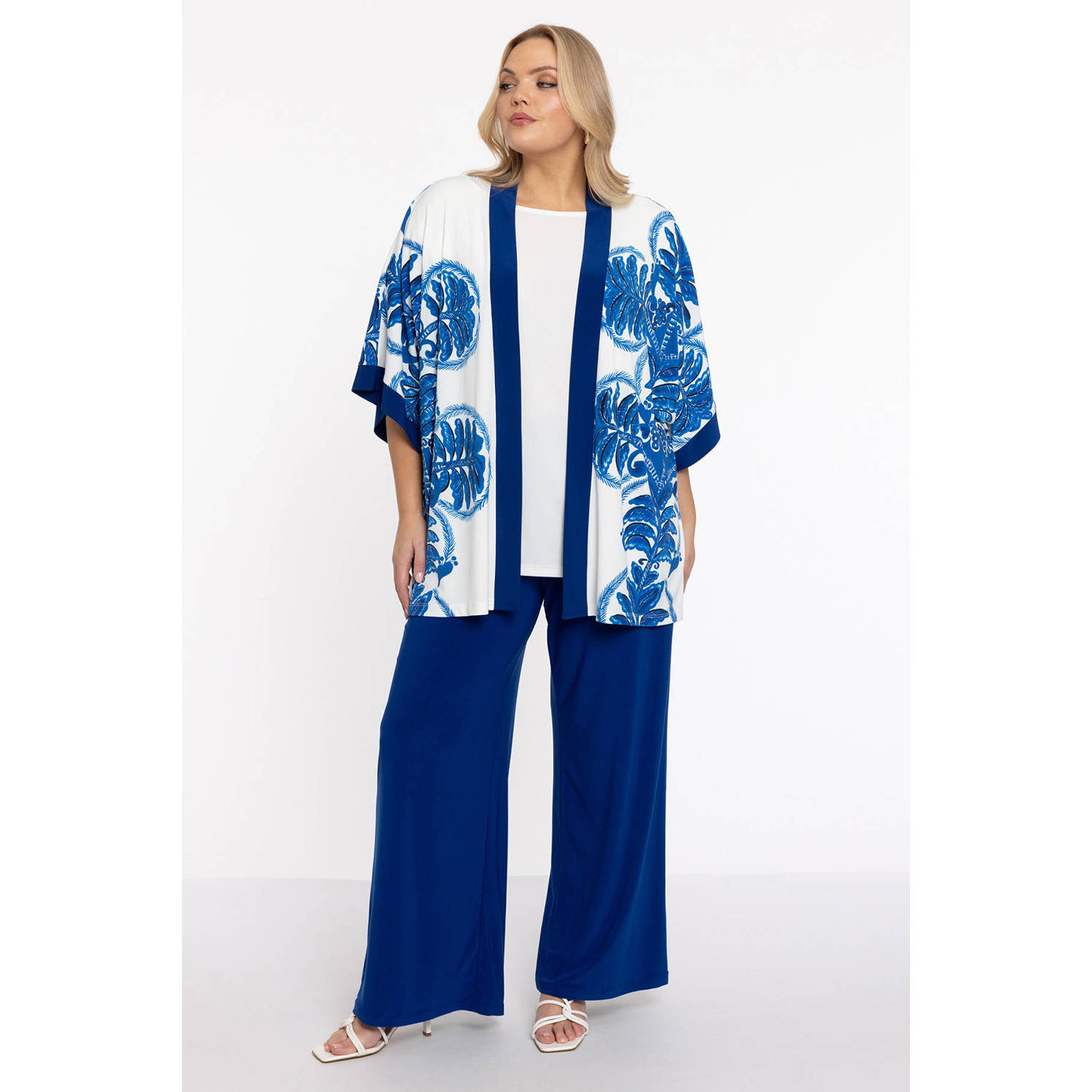 Yoek kimono met all over print donkerblauw wit