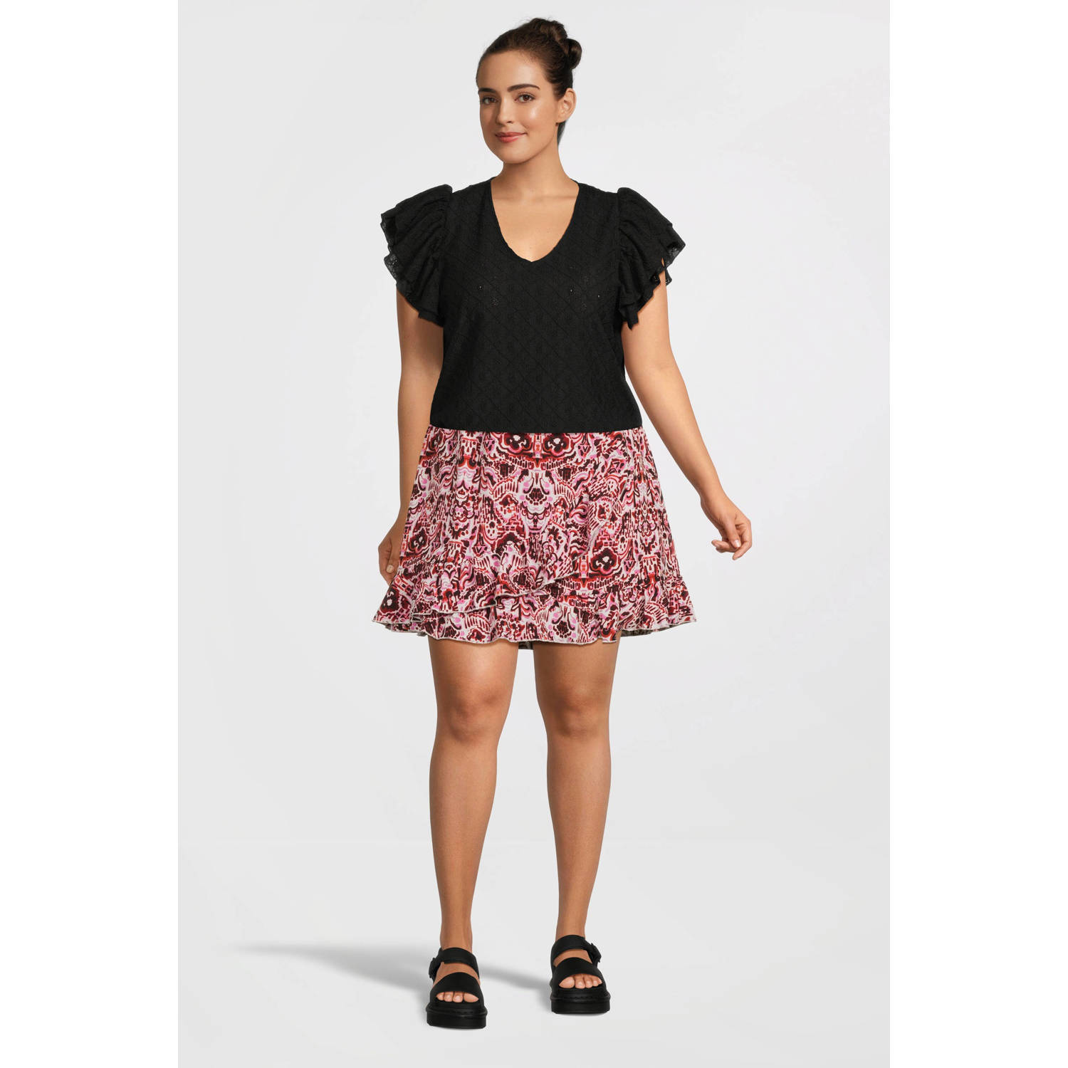 ONLY CARMAKOMA skort CARNORINE met all over print en ruches roze rood ecru