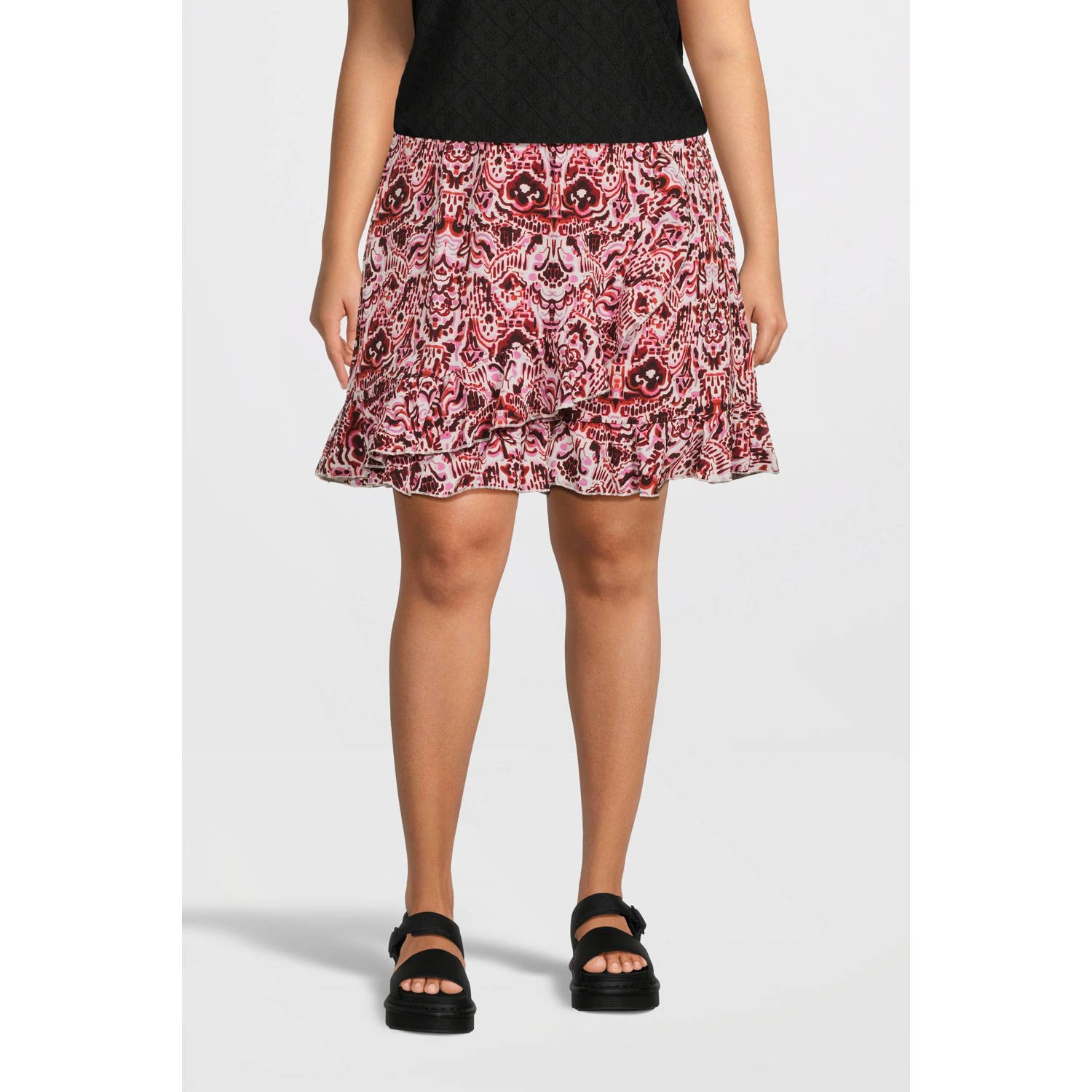 ONLY CARMAKOMA skort CARNORINE met all over print en ruches roze rood ecru