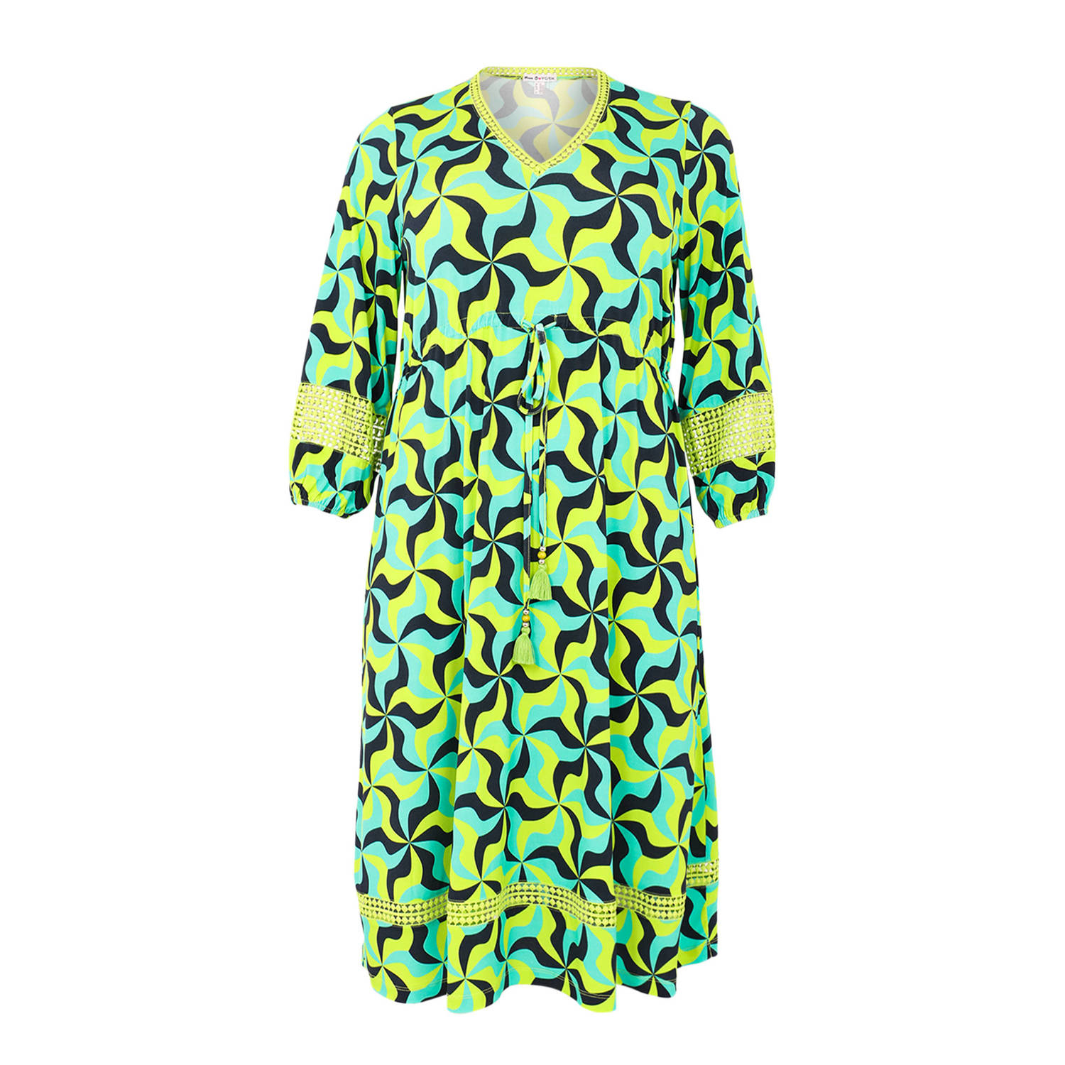 Yoek jurk met all over print turquoise geel blauw