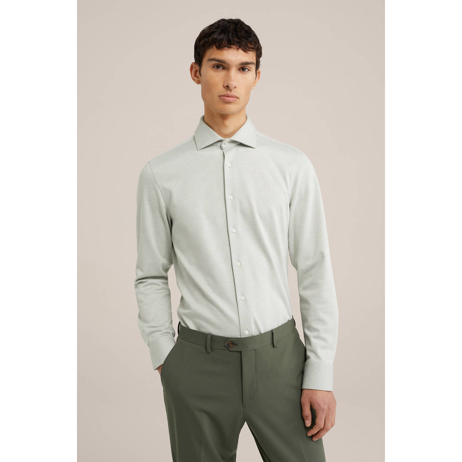 WE Fashion gebreid slim fit overhemd met jacquard mos groen