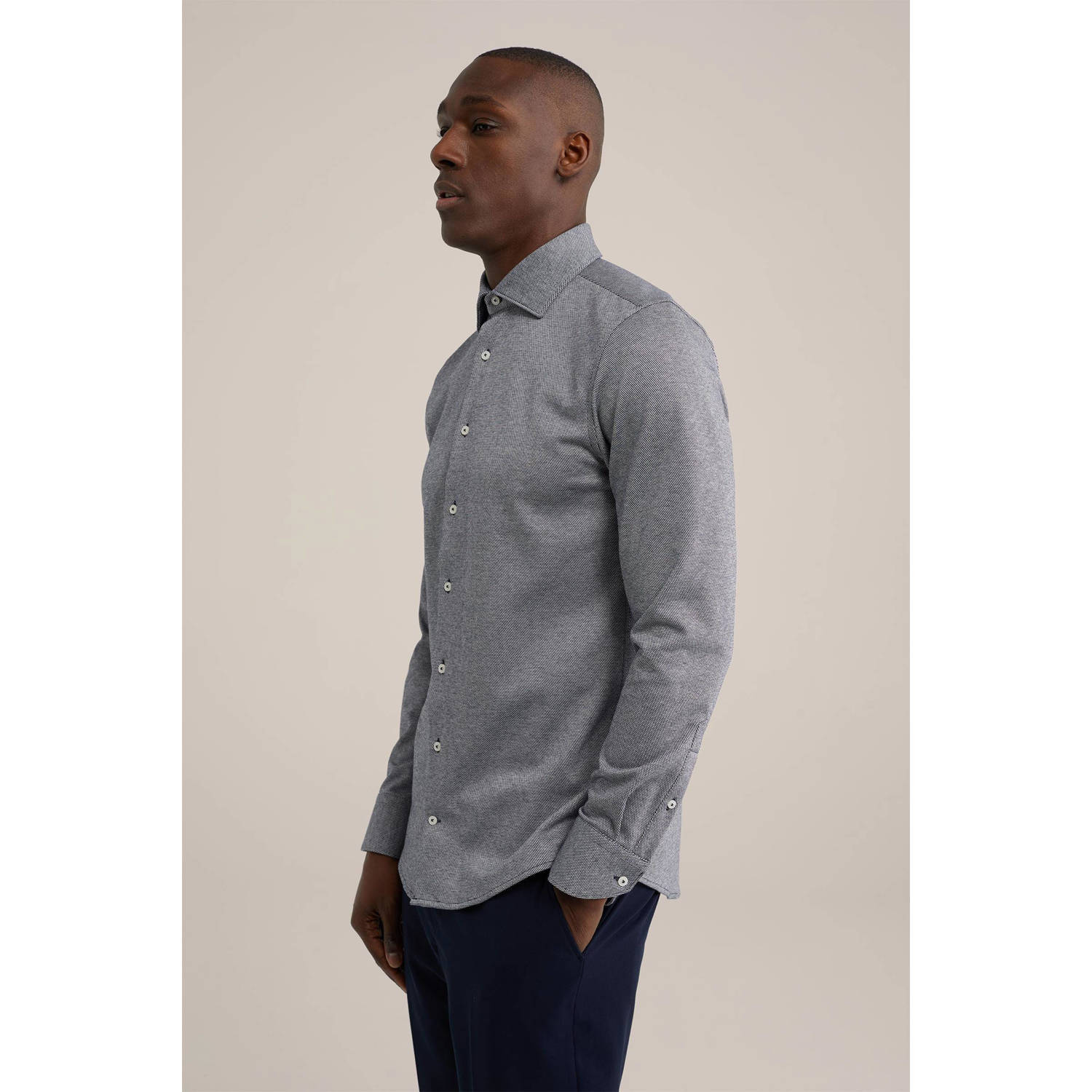 WE Fashion gebreid slim fit overhemd met jacquard royal navy