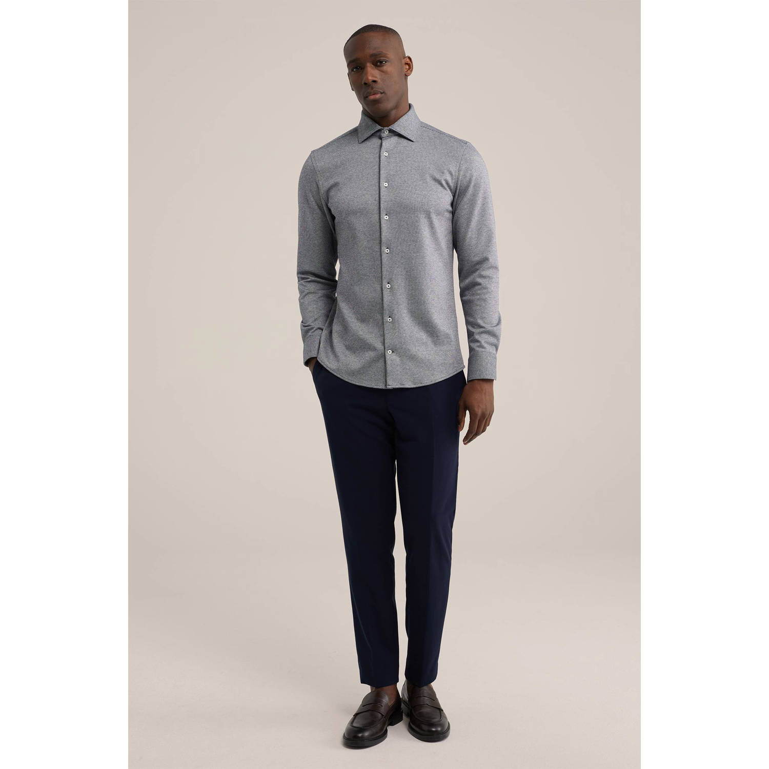 WE Fashion gebreid slim fit overhemd met jacquard royal navy