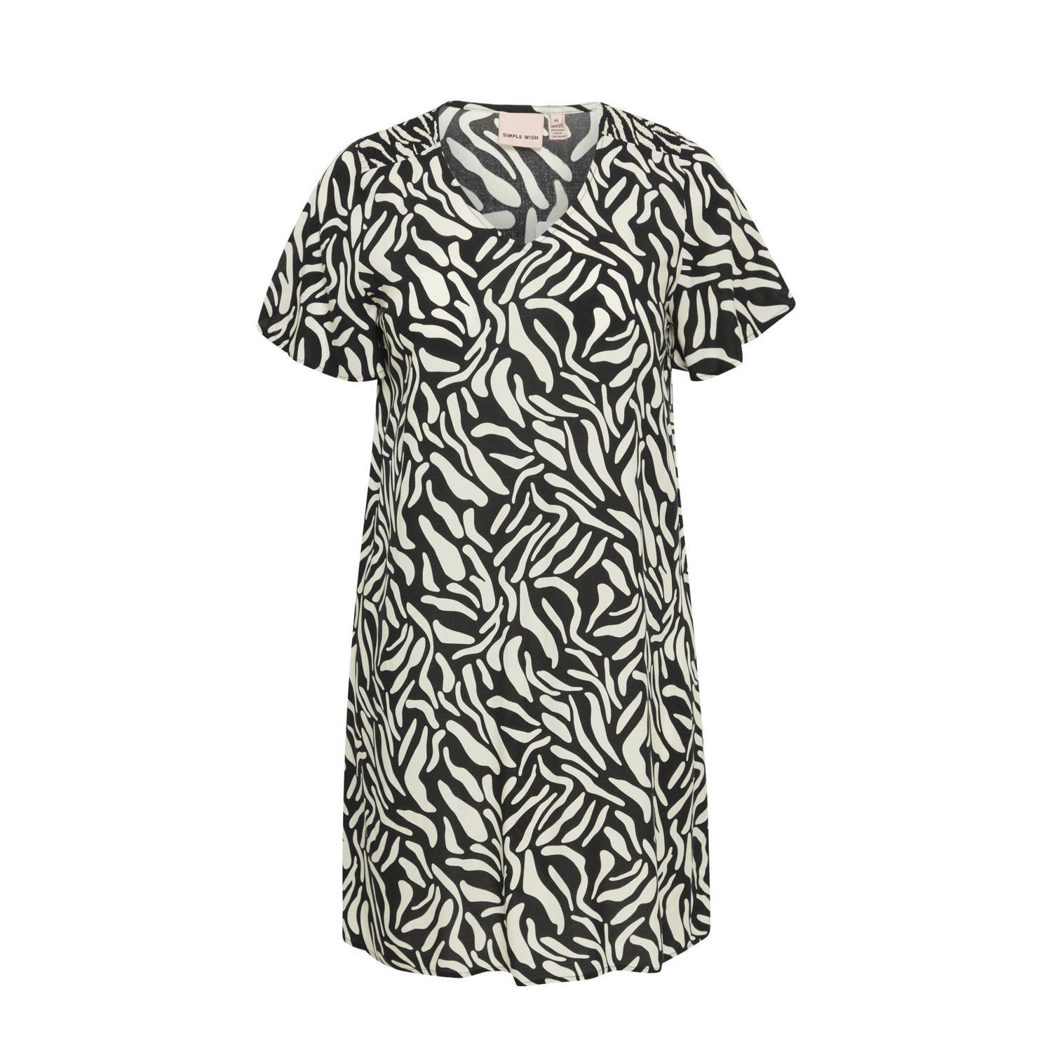 Simple Wish jurk SWRELAX met all over print en ruches zwart ecru