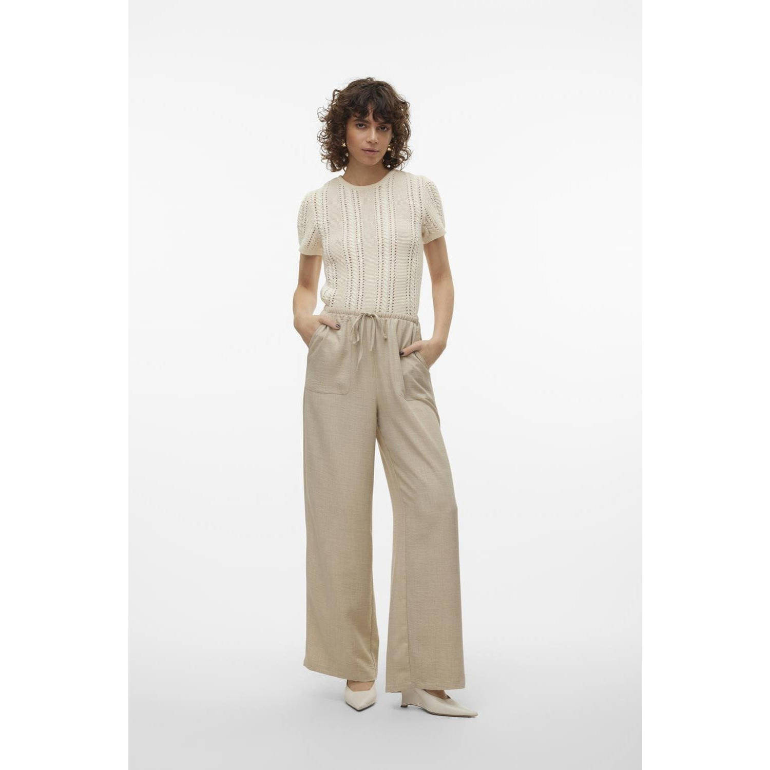 VERO MODA high waist wide leg broek VMMELANEY zand