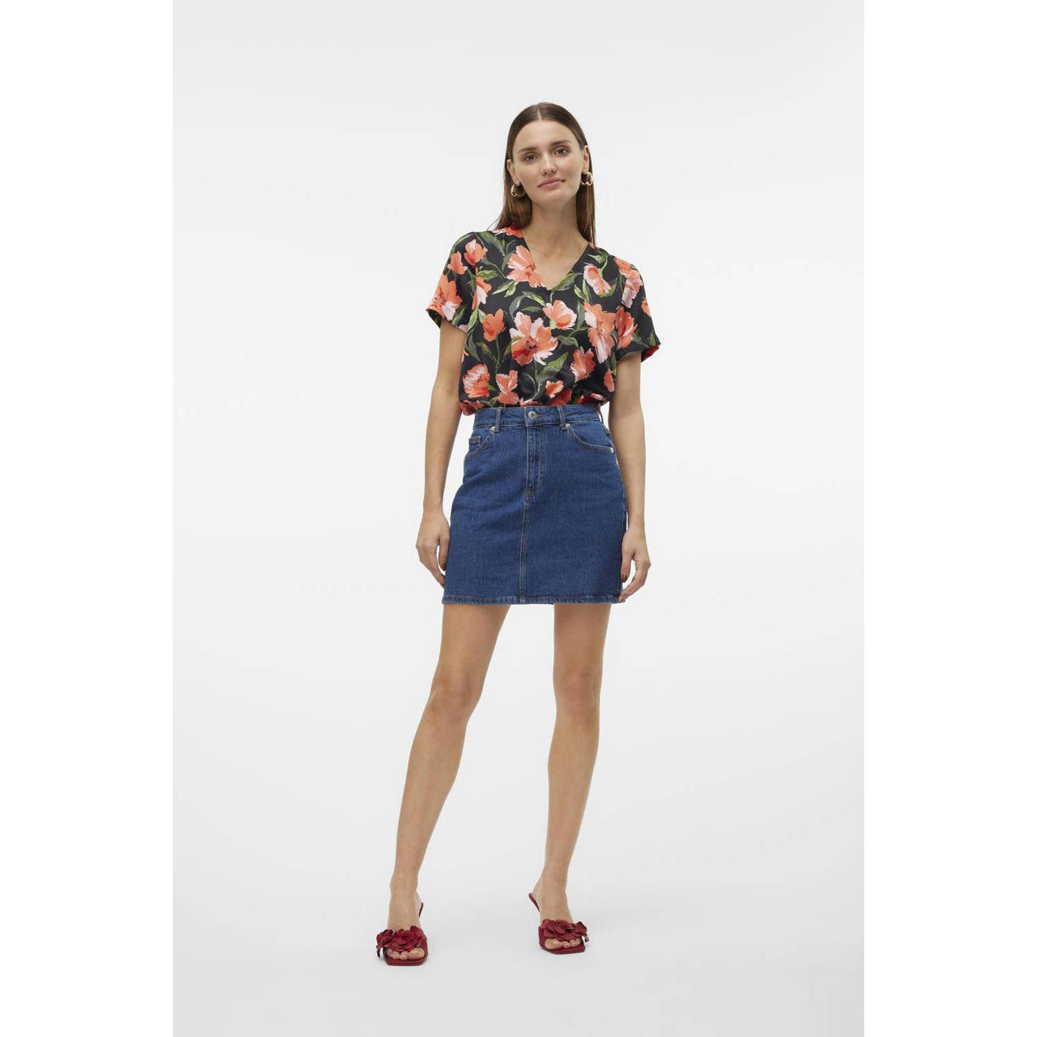 VERO MODA gebloemde top UVMLILLIAN zwart koraalrood