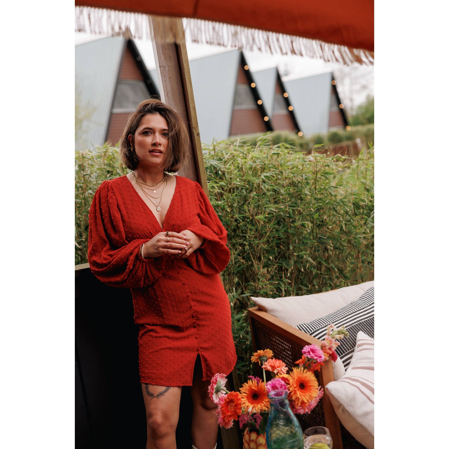 VERO MODA De Huismuts x Wehkamp semi-transparante jurk brique