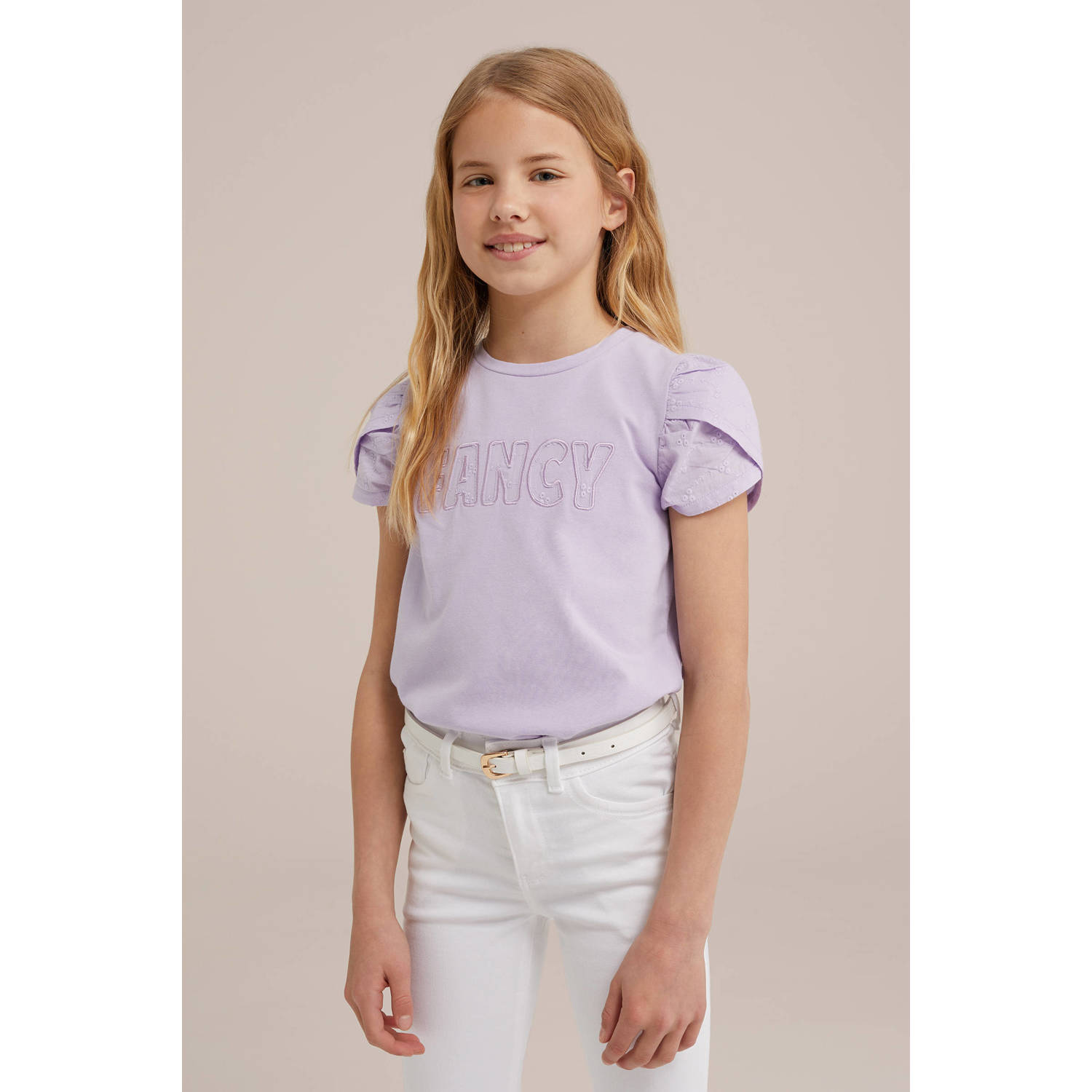WE Fashion T-shirt met tekst lila