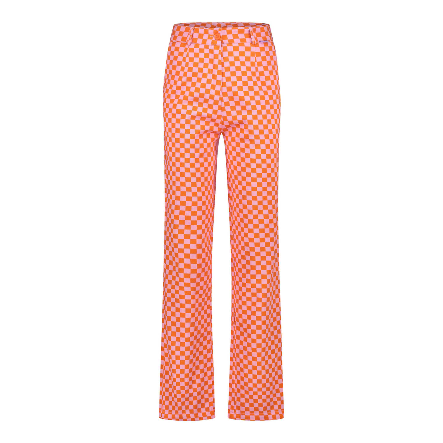 Ellastiek geruite high waist straight fit pantalon Lysanne roze oranje