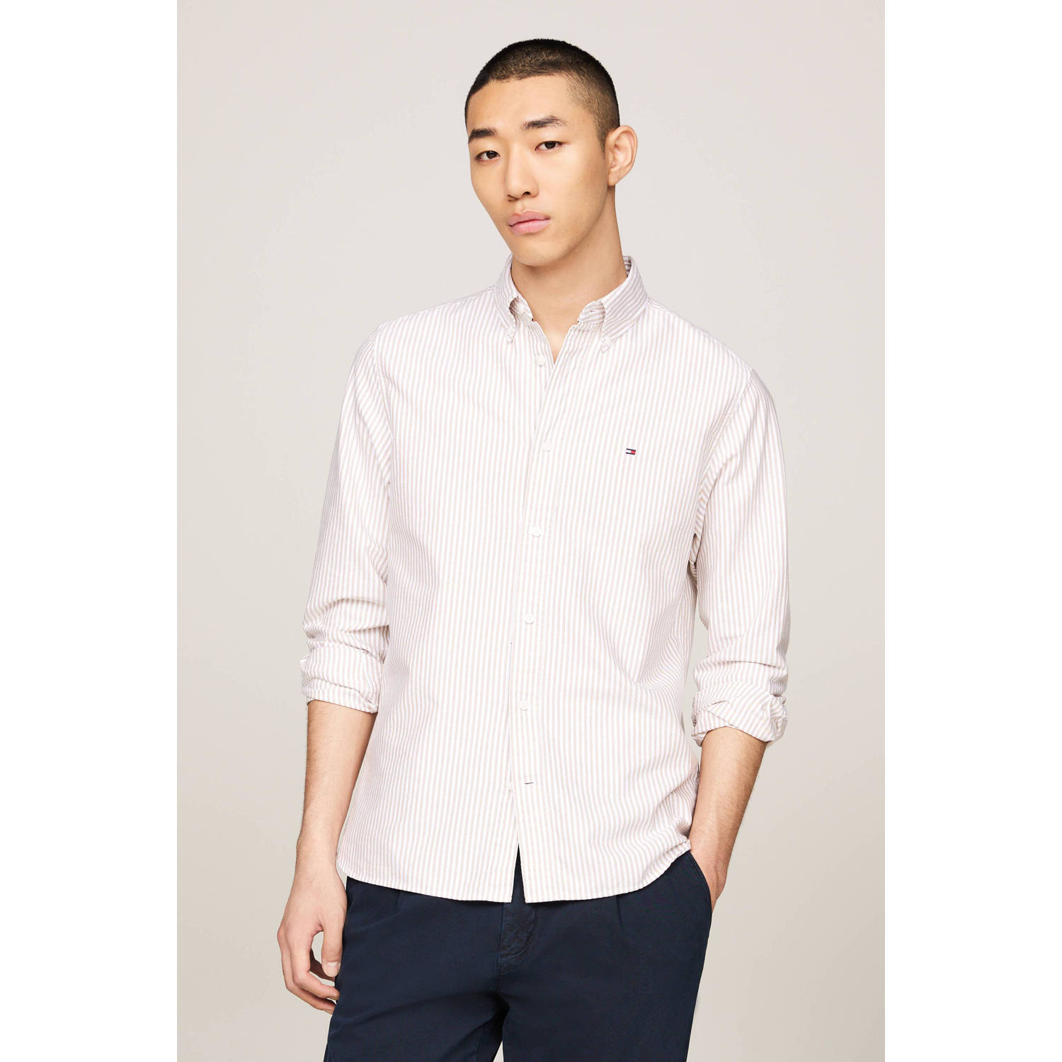 Tommy Hilfiger gestreept regular fit overhemd HERITAGE OXFORD STRIPE classic kaki white