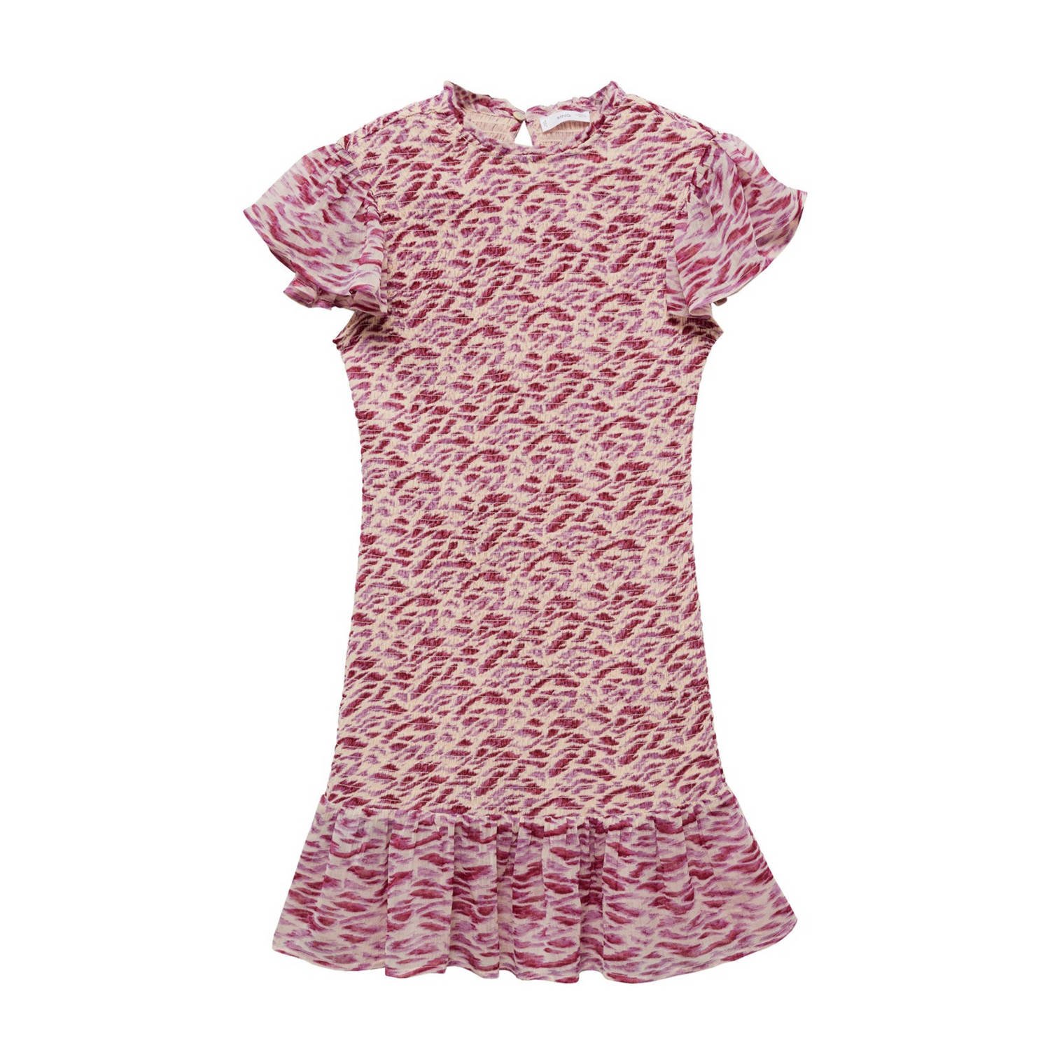 Mango Kids jurk met all over print en ruches roze lichtbeige Meisjes Polyester Ronde hals 152(XXS)