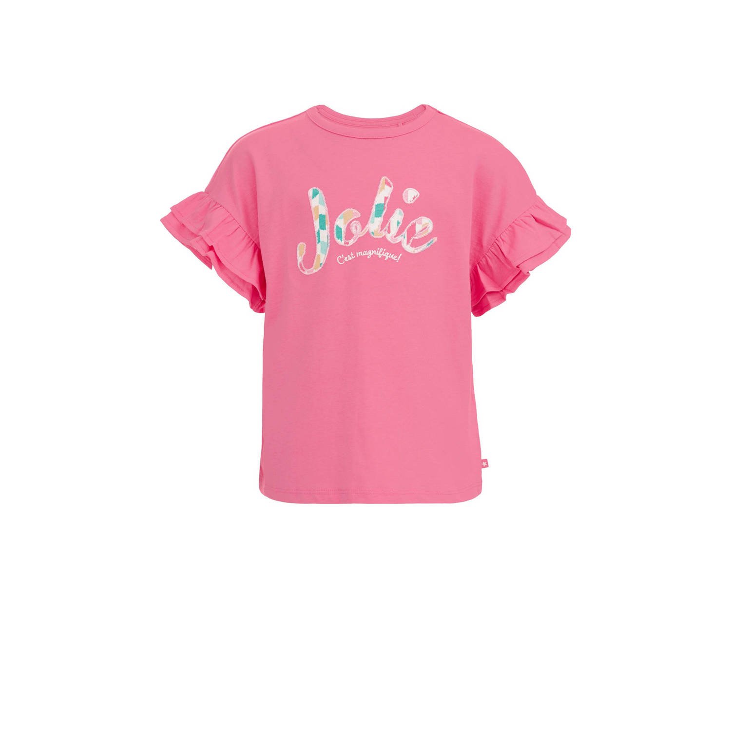 WE Fashion T-shirt met tekst en borduursels shrimp Roze Meisjes Katoen Ronde hals 146 152