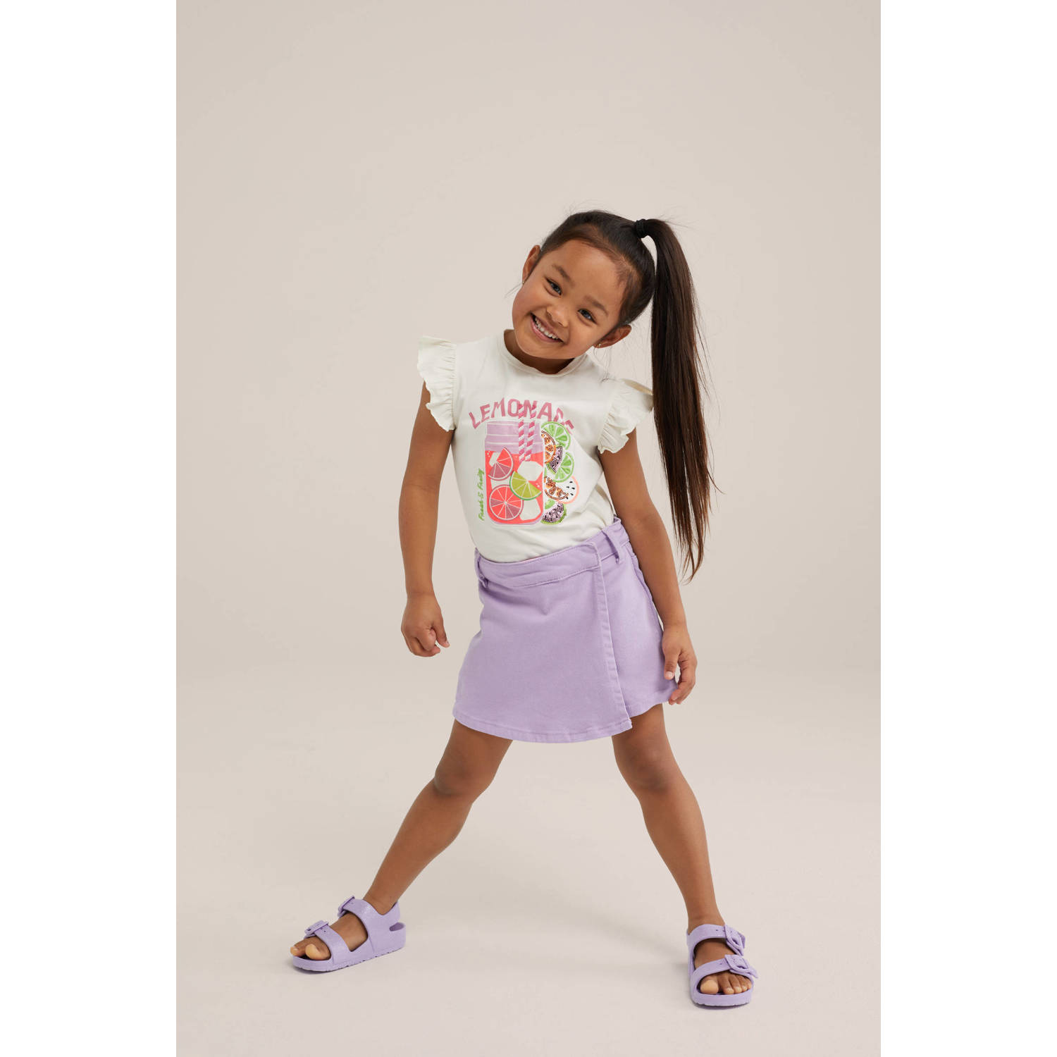WE Fashion T-shirt met printopdruk en ruches wit multicolor