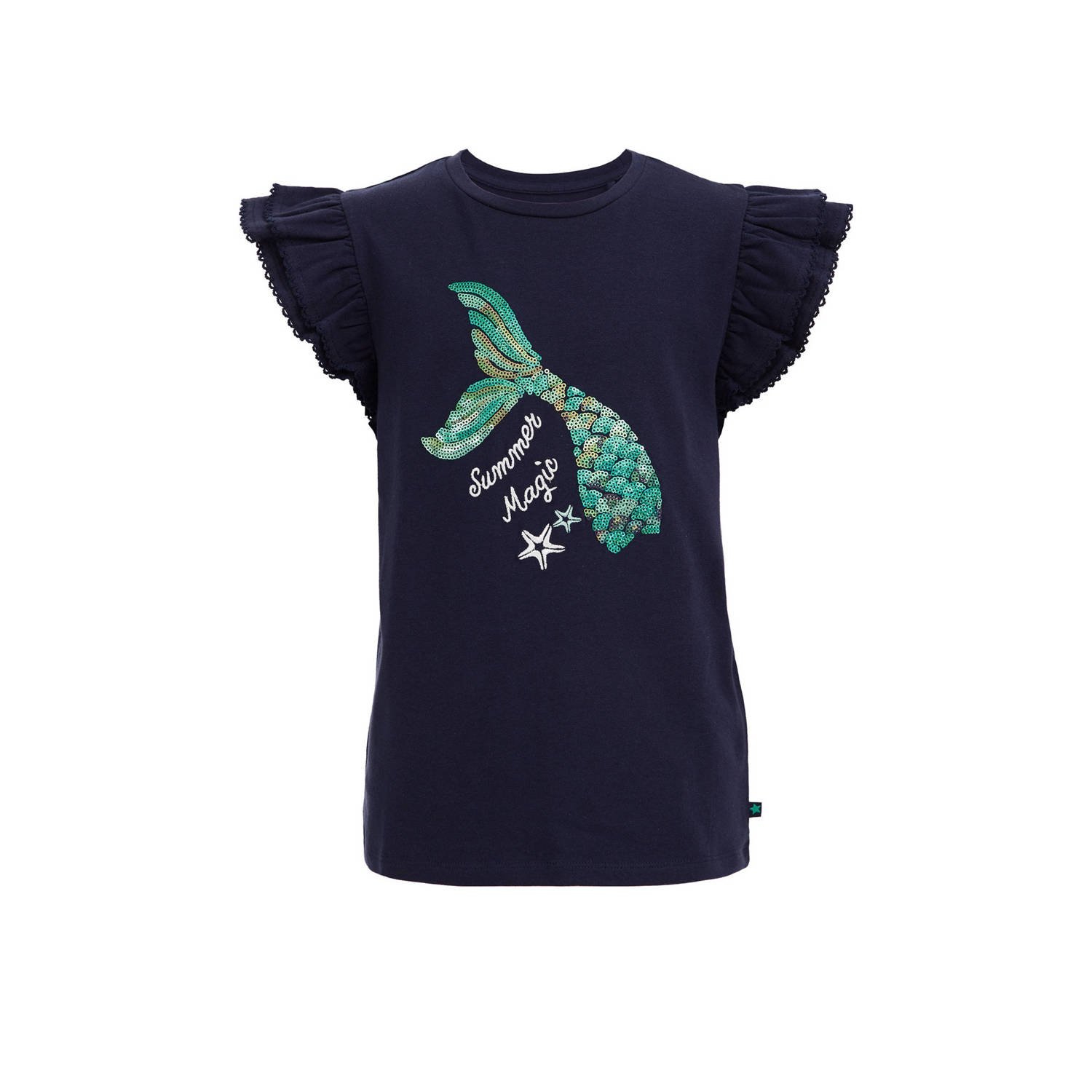 WE Fashion T-shirt met printopdruk en pailletten donkerblauw Meisjes Stretchkatoen Ronde hals 122 128