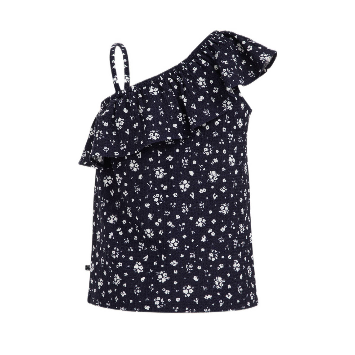 WE Fashion gebloemd one shoulderT-shirt donkerblauw wit