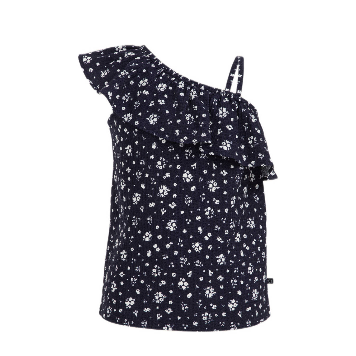 WE Fashion gebloemd one shoulderT-shirt donkerblauw wit Bloemen 110 116