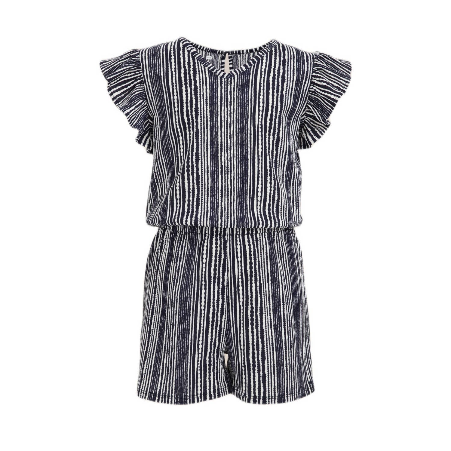 WE Fashion playsuit met all over print donkerblauw wit Meisjes Polyester V-hals 122 128
