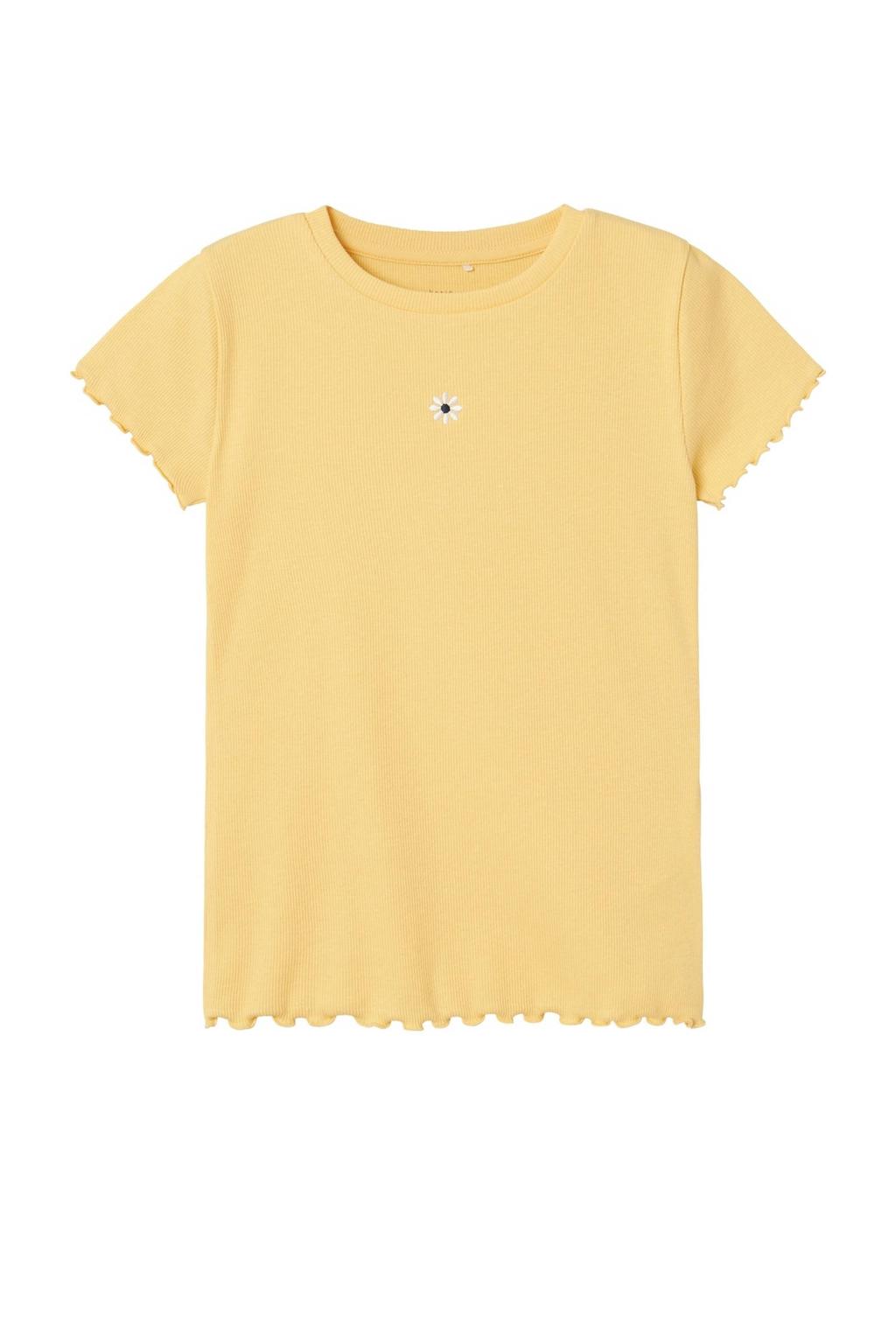 Gele meisjes NAME IT KIDS T-shirt en textuur met printopdruk, korte mouwen en ronde hals