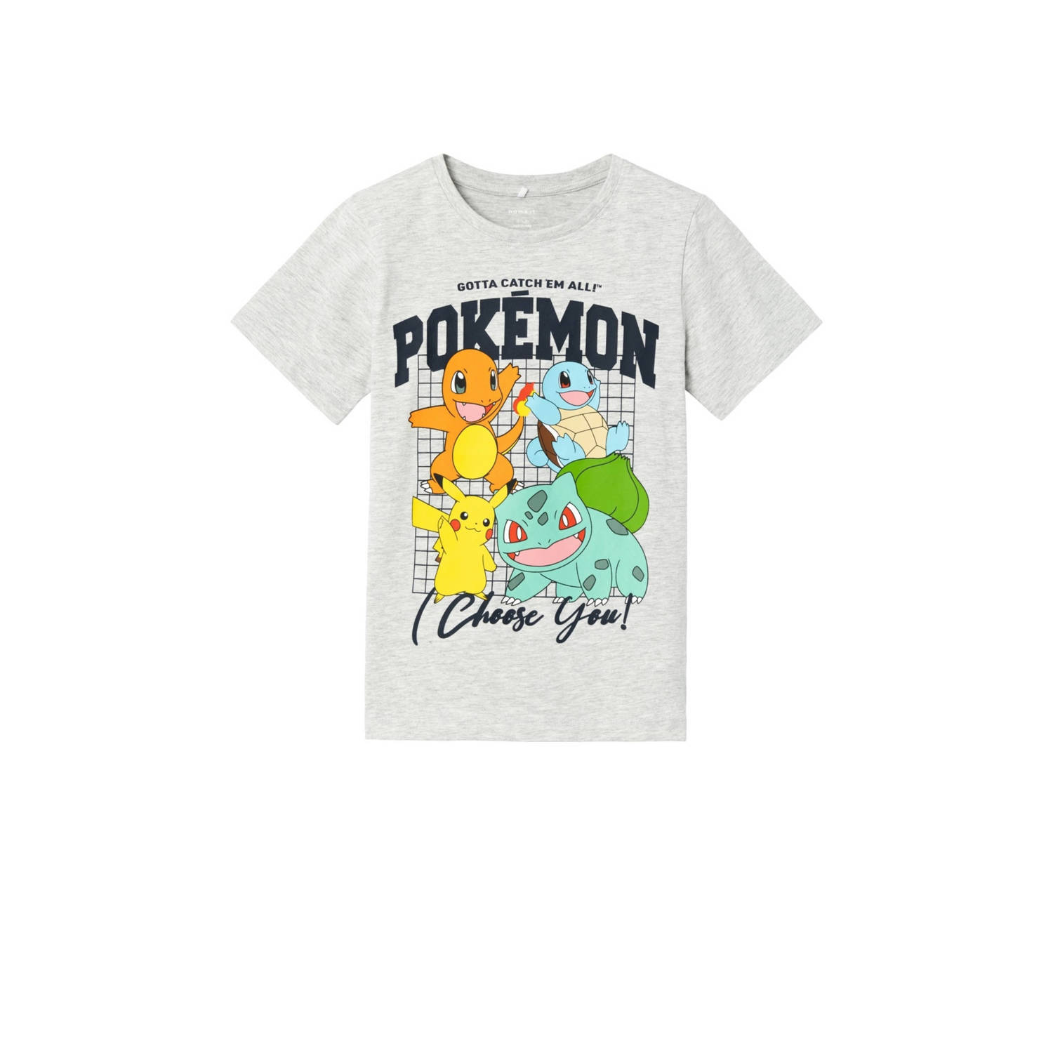 Name it KIDS Pokemon T-shirt NKMADAN met printopdruk lichtgrijs melange Jongens Stretchkatoen Ronde hals 122 128