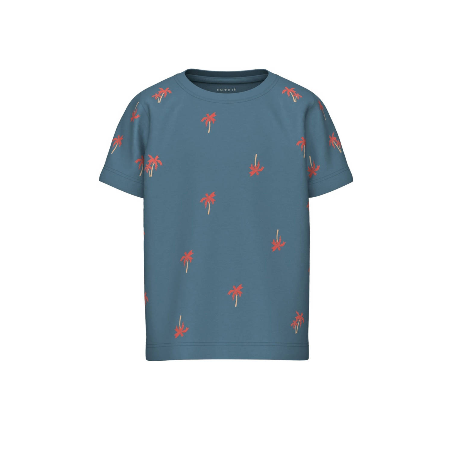 Name it MINI T-shirt NMMHELUR met all over print middenblauw rood Jongens Biologisch katoen Ronde hals 110
