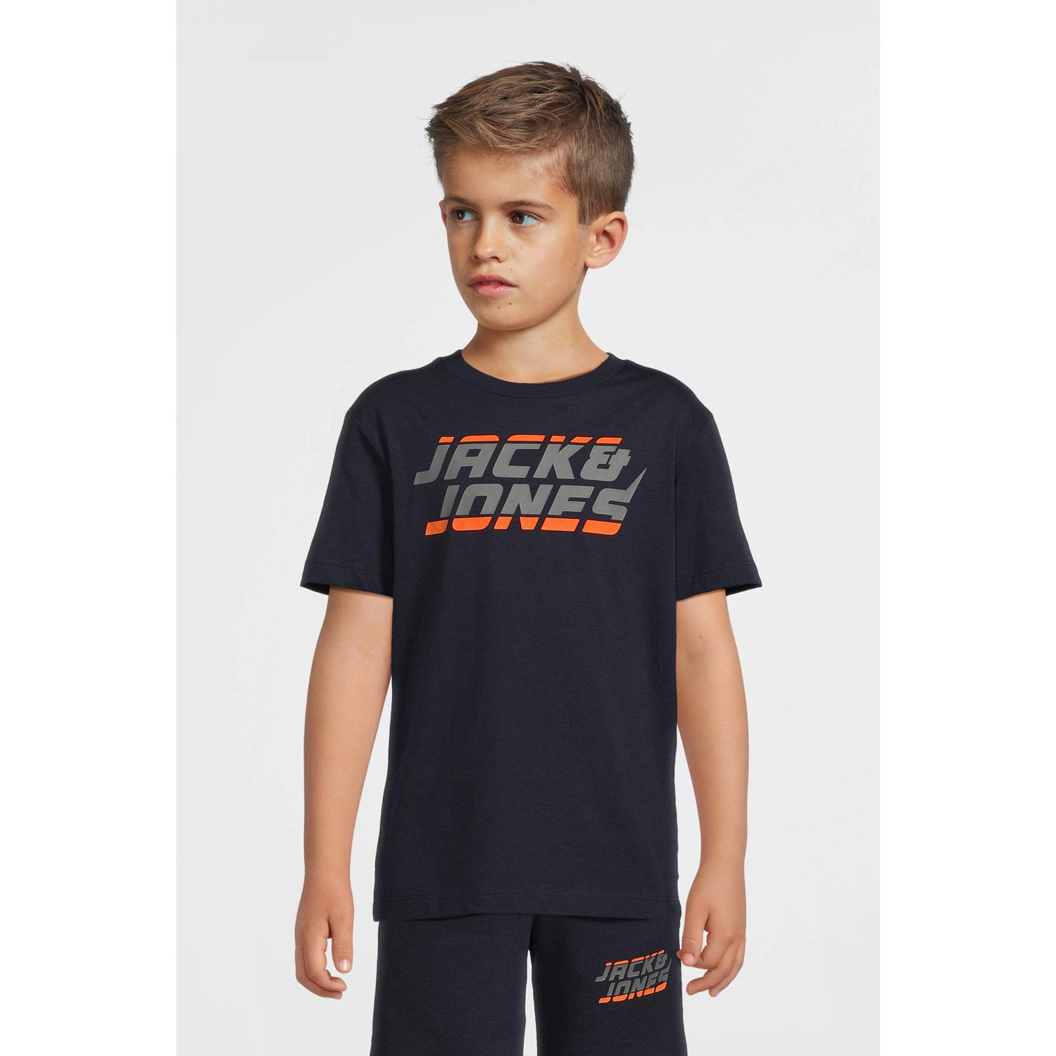 Jack & jones JUNIOR T-shirt JCOKAPPER met logo donkerblauw Jongens Katoen Ronde hals 128