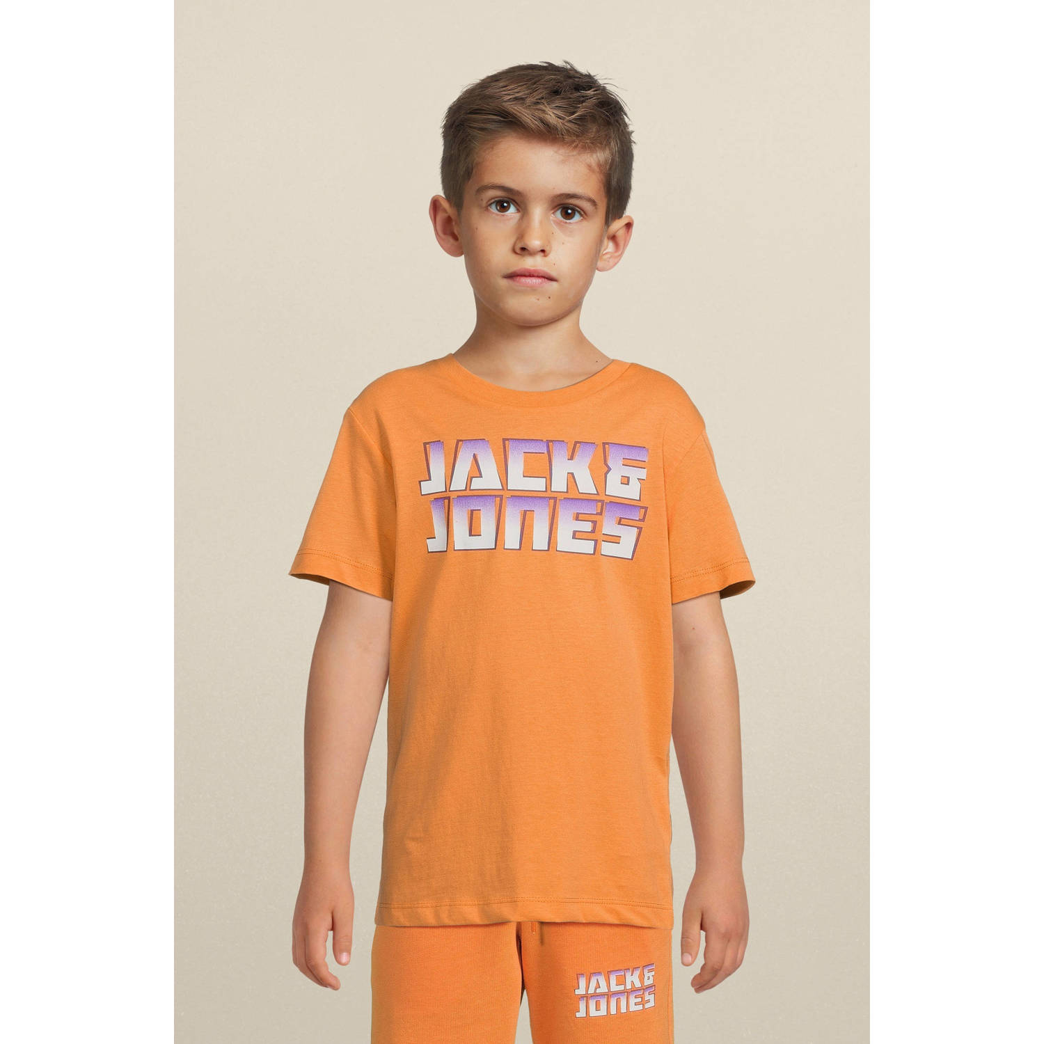 Jack & jones JUNIOR T-shirt JCOKAPPER met logo lichtoranje Jongens Katoen Ronde hals 128