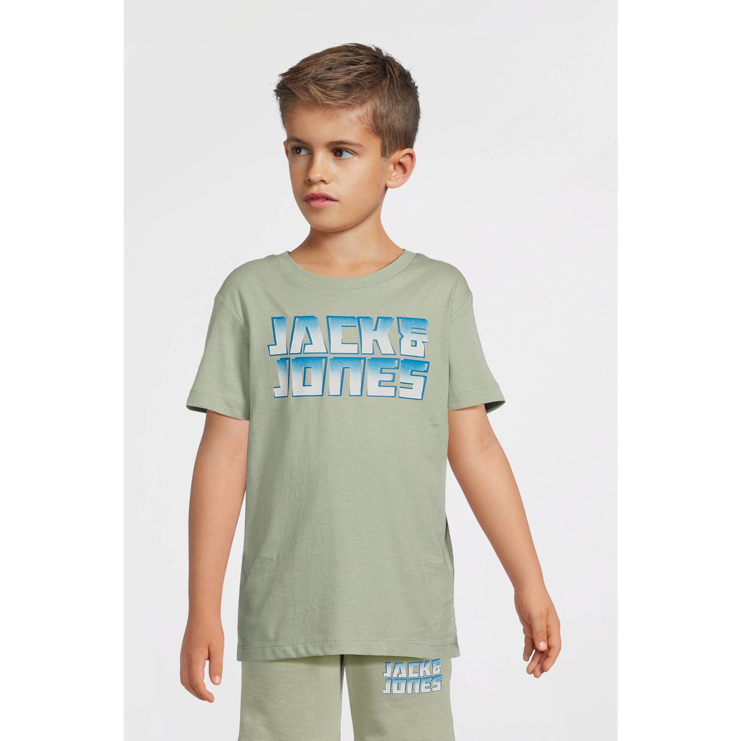 Jack & jones JUNIOR T-shirt JCOKAPPER met logo saliegroen Jongens Katoen Ronde hals 128
