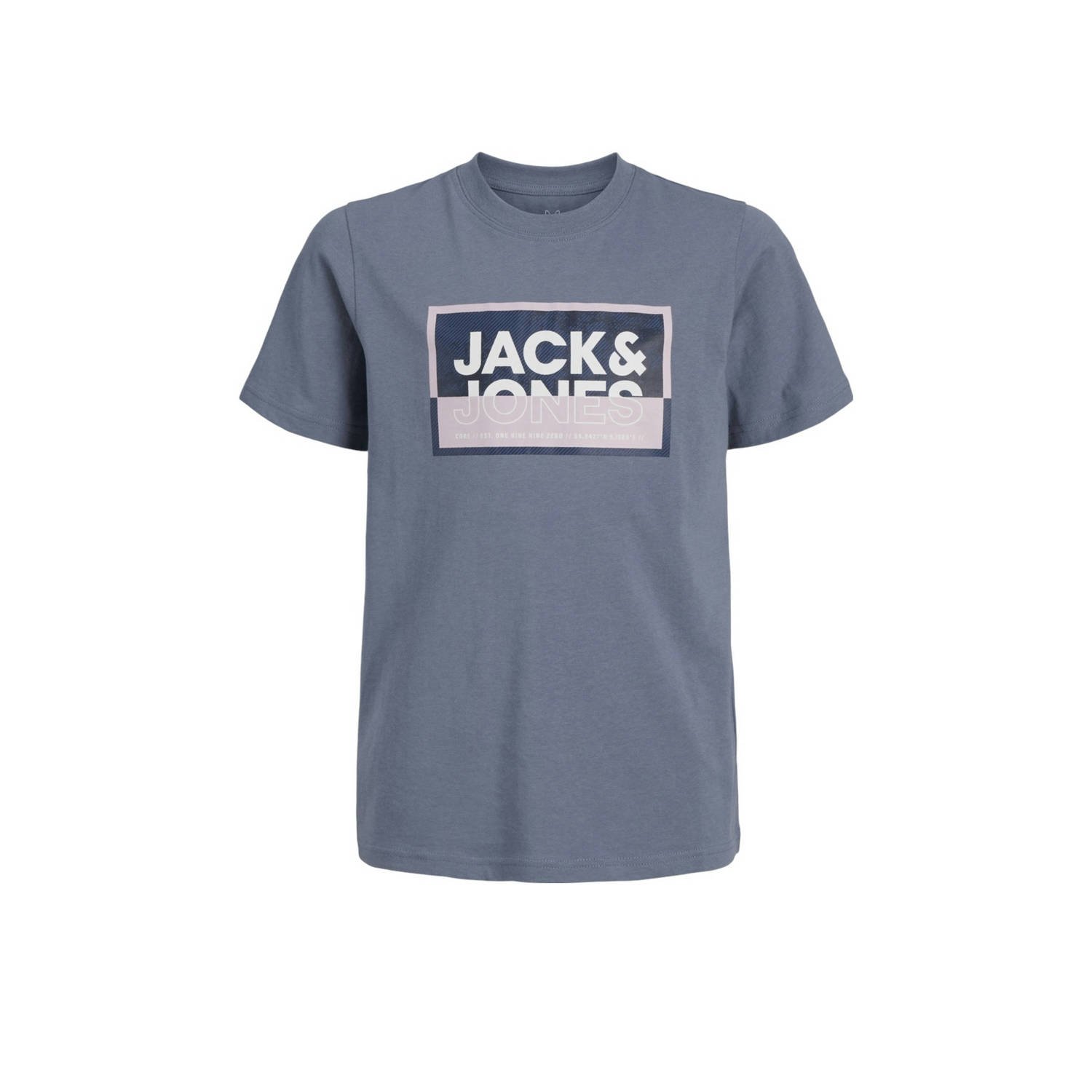 Jack & jones JUNIOR T-shirt JCOLOGAN SOMMER met logo blauwgrijs Jongens Katoen Ronde hals 128
