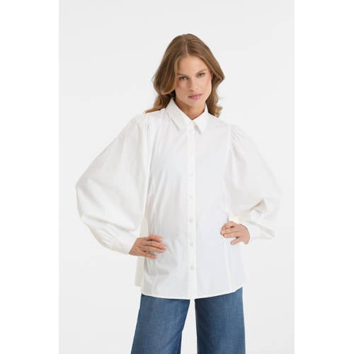 anytime poplin blouse met pofmouwen wit afbeelding