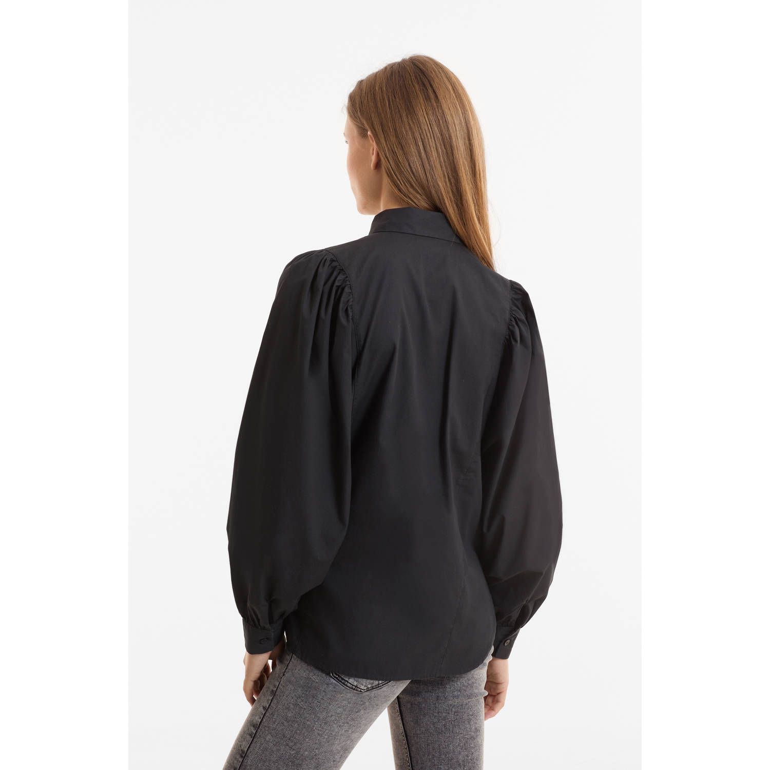 anytime poplin blouse met pofmouwen zwart