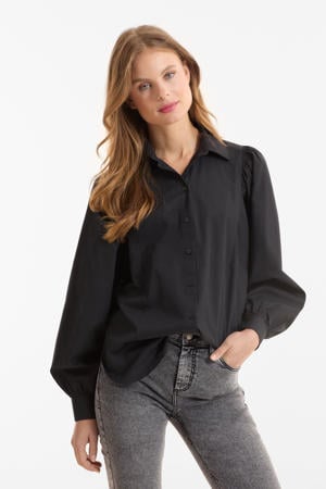 poplin blouse met pofmouwen zwart