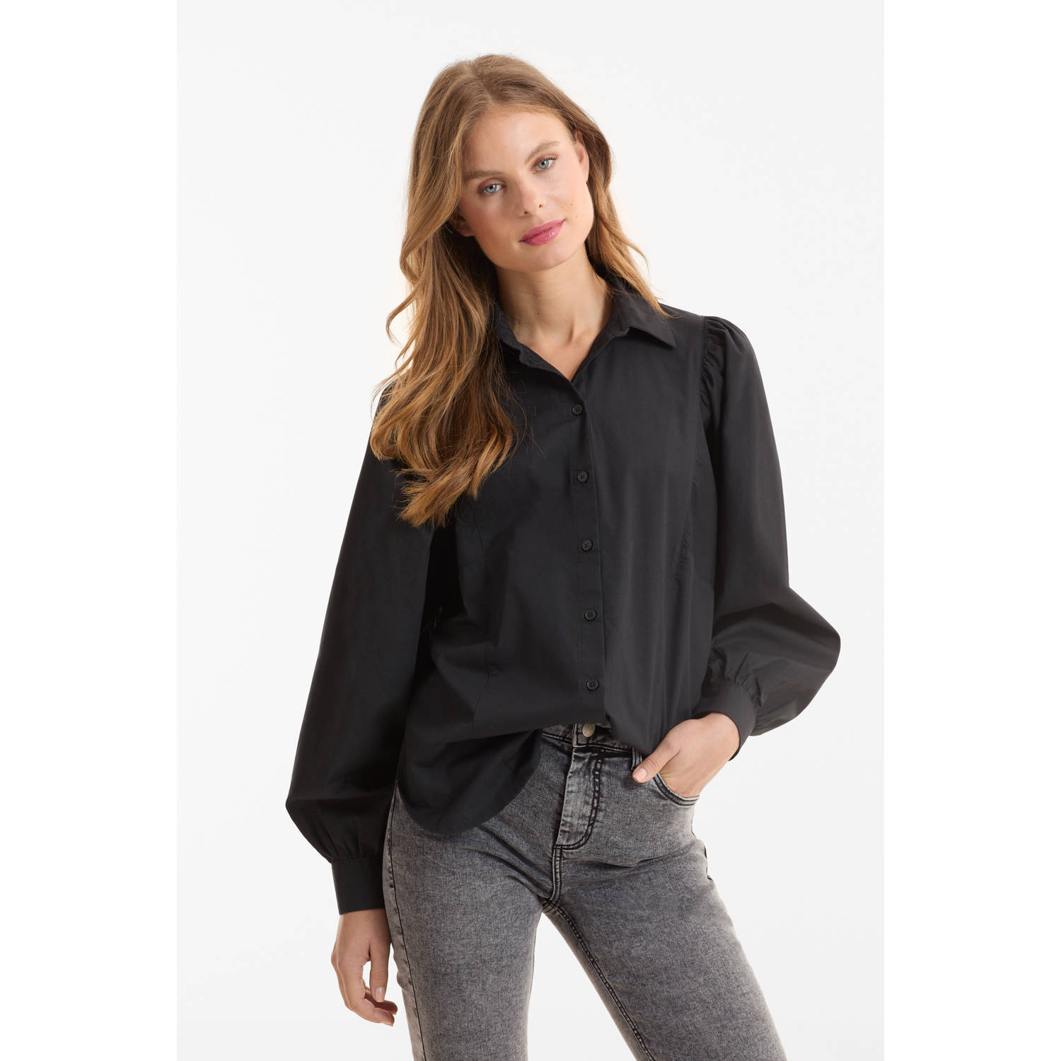 Anytime poplin blouse met pofmouwen zwart