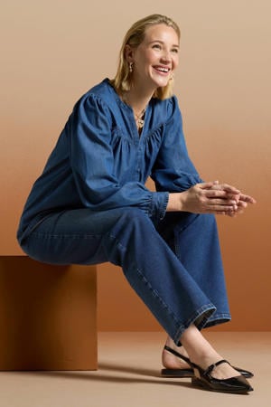 denim blouse met v-hals blauw
